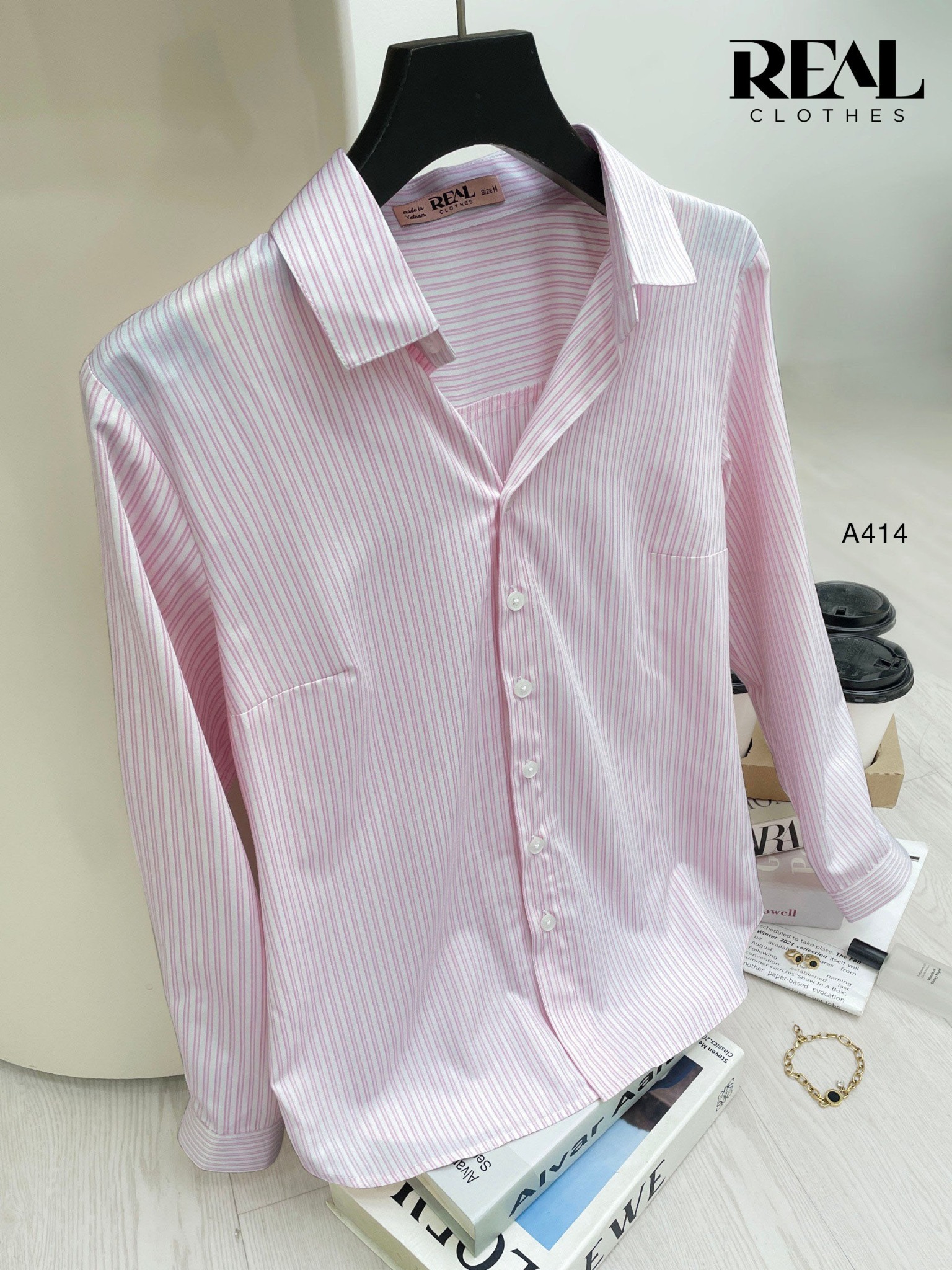 Sơ mi cổ Đức sọc hồng SALE - size XS