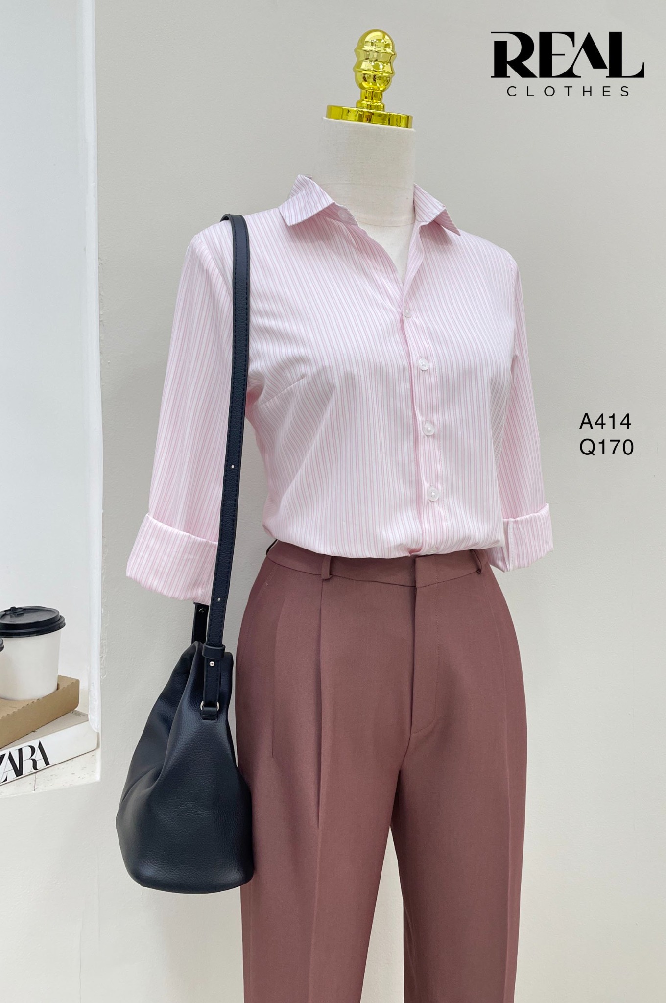 Sơ mi cổ Đức sọc hồng SALE - size XS