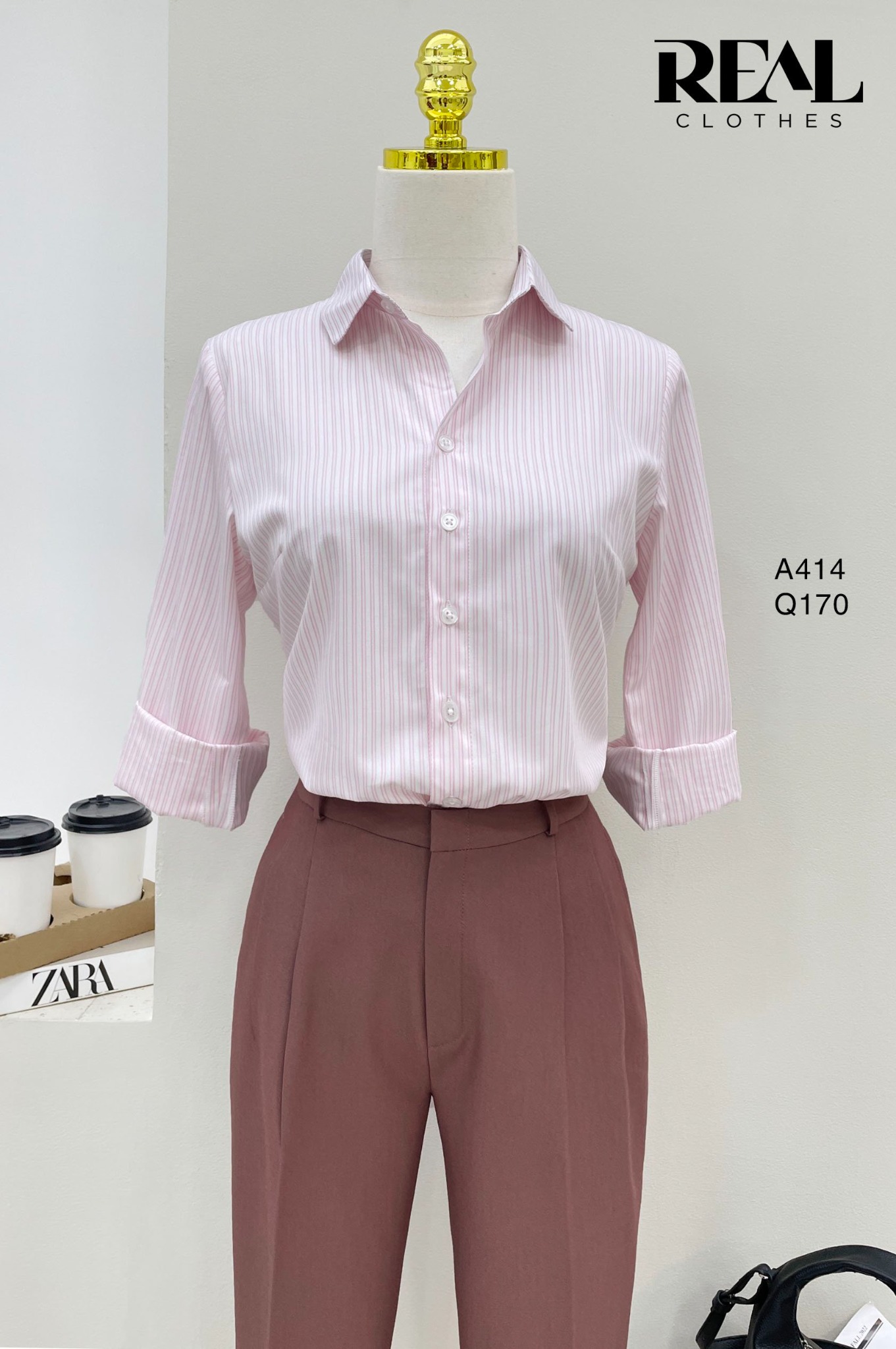 Sơ mi cổ Đức sọc hồng SALE - size XS