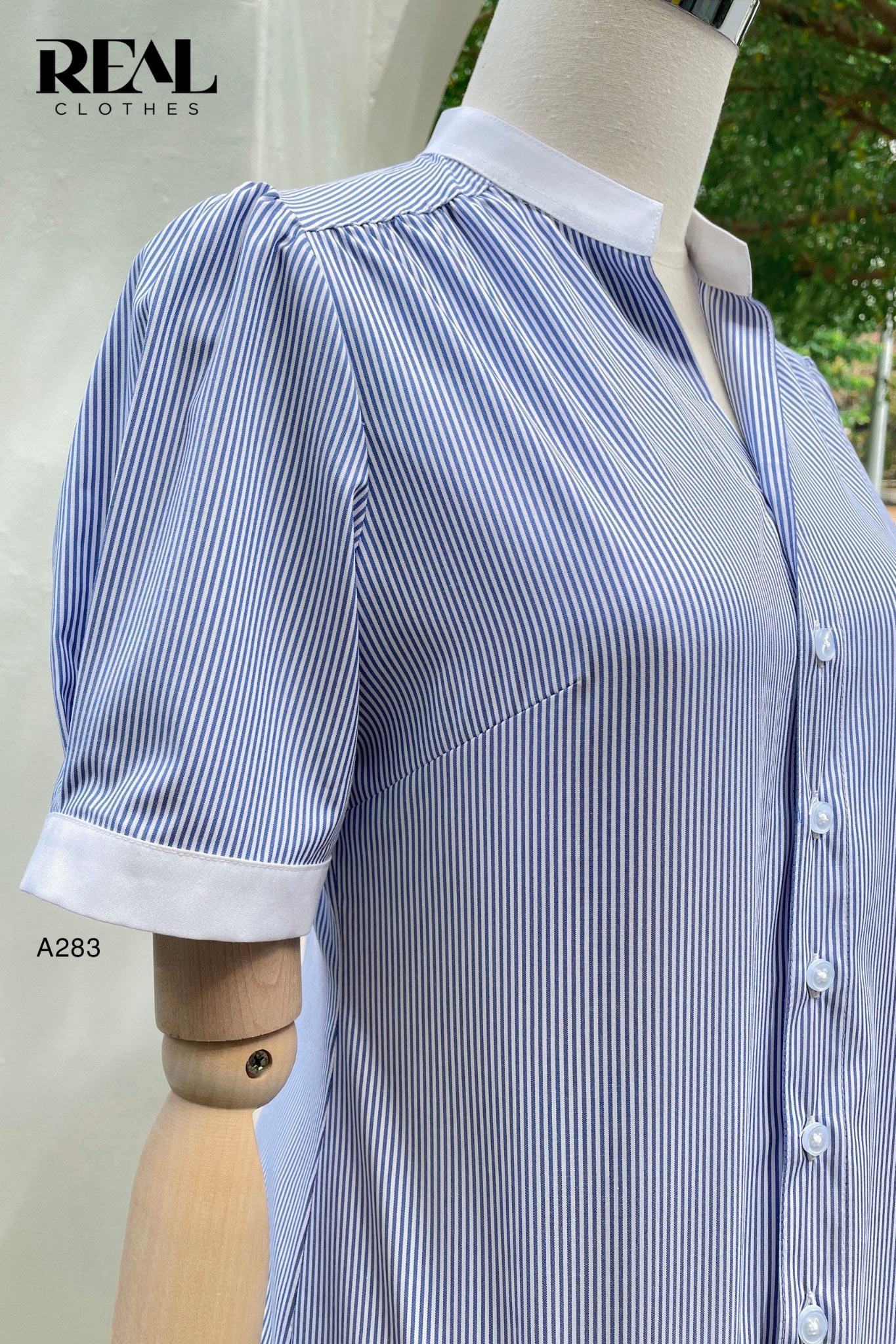 Sơ mi cổ trụ sọc xanh SALE