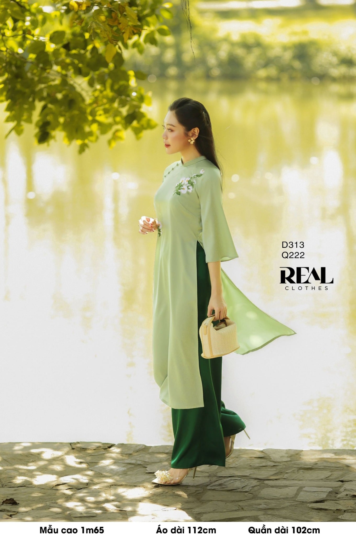Áo dài cách tân Vivi xanh lá hoa