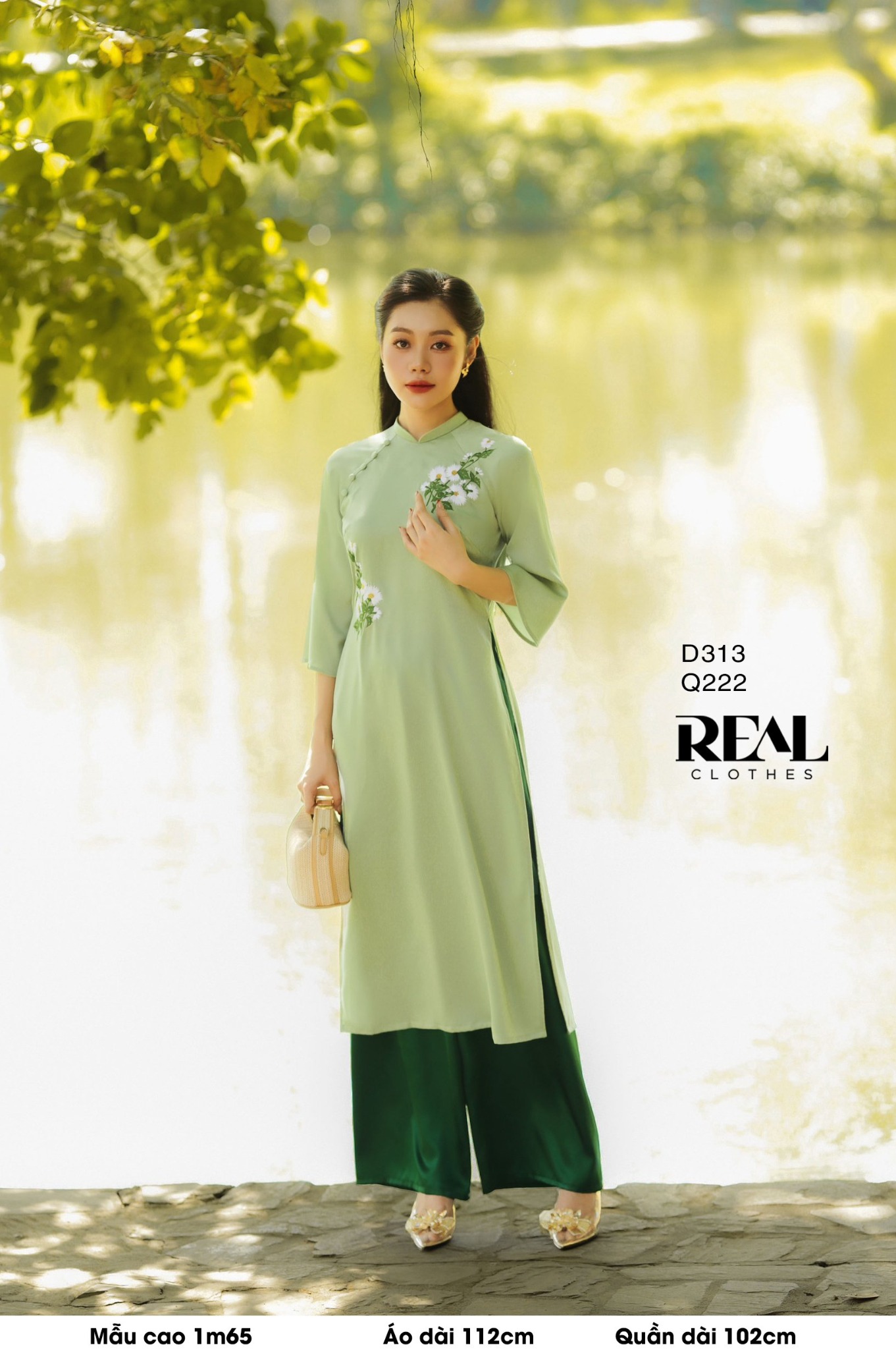 Áo dài cách tân Vivi xanh lá hoa