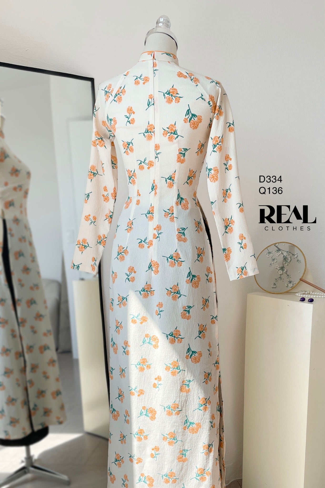 Áo dài truyền thống hoa cam SALE