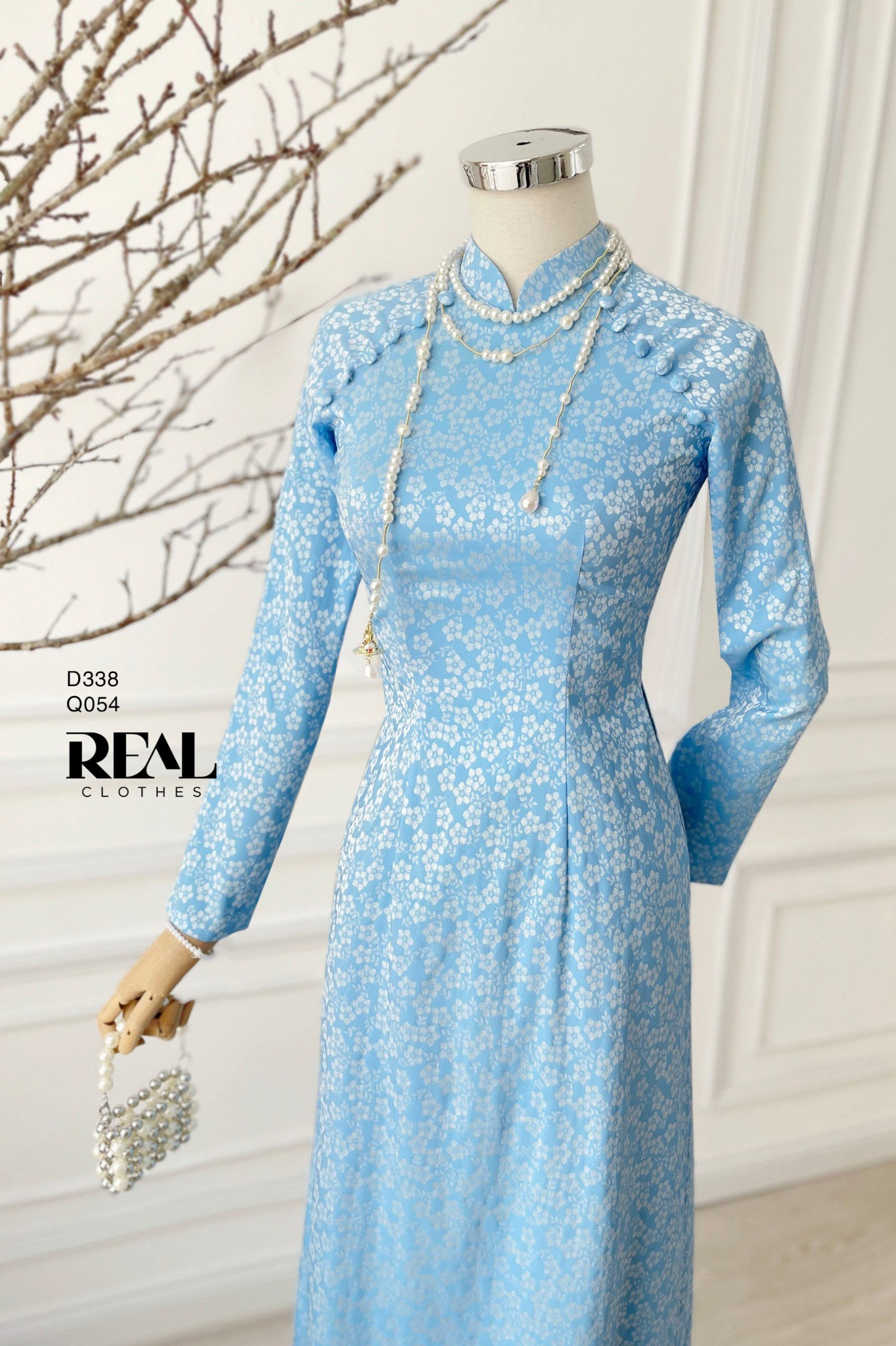 Áo dài truyền thống Nhã An blue MỚI tay dài