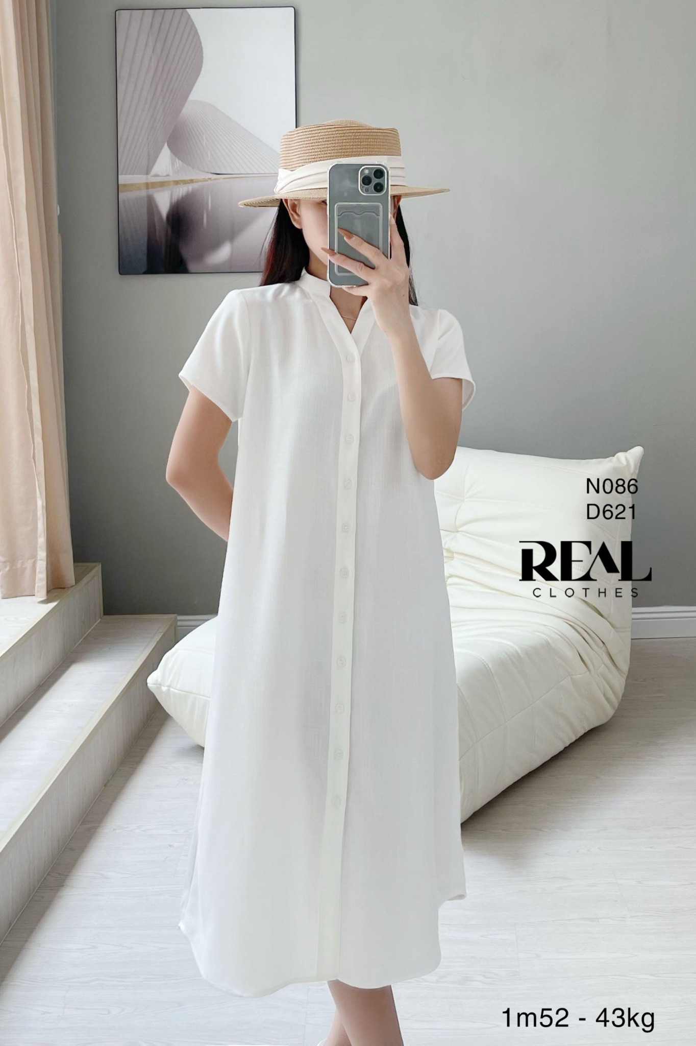 Đầm sơ mi cổ trụ linen trắng SALE