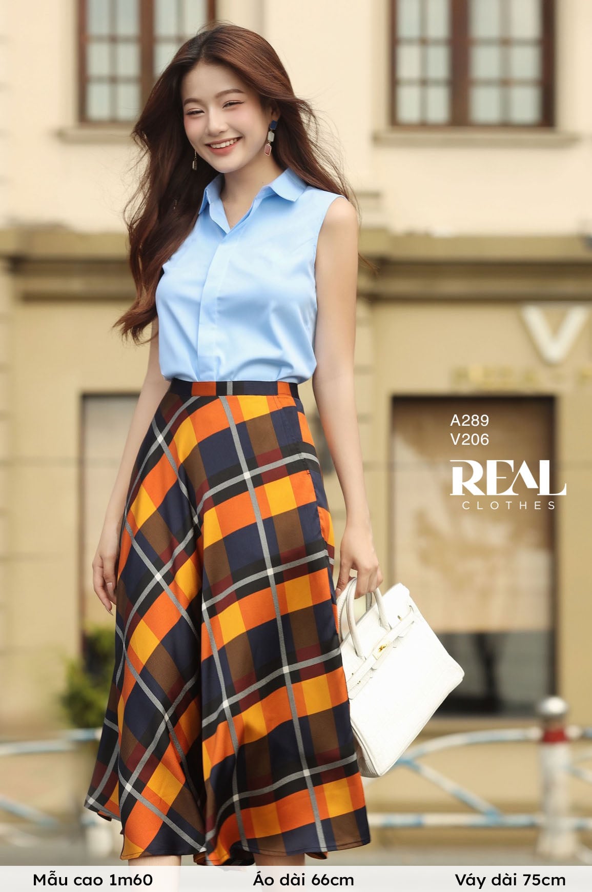 Váy xòe midi ô vuông cam SALE - size M