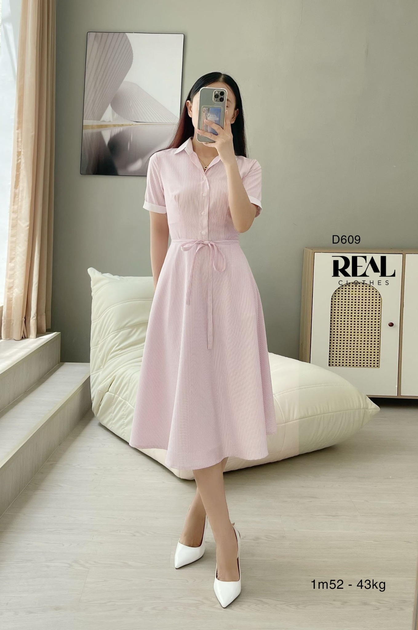 Đầm Sơ Mi Xòe Sọc Hồng