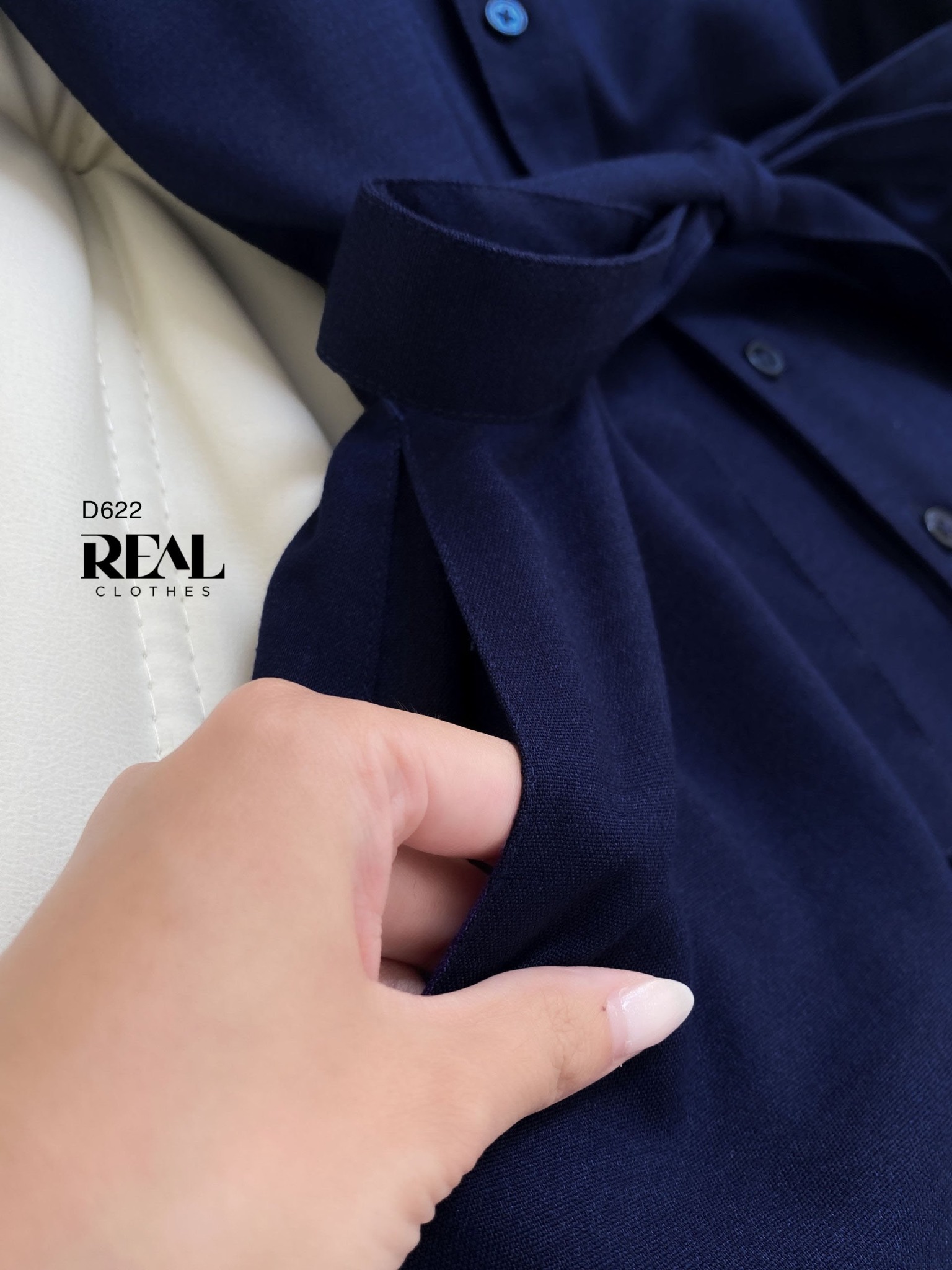 Đầm Sơ Mi Cổ Trụ Linen Navy