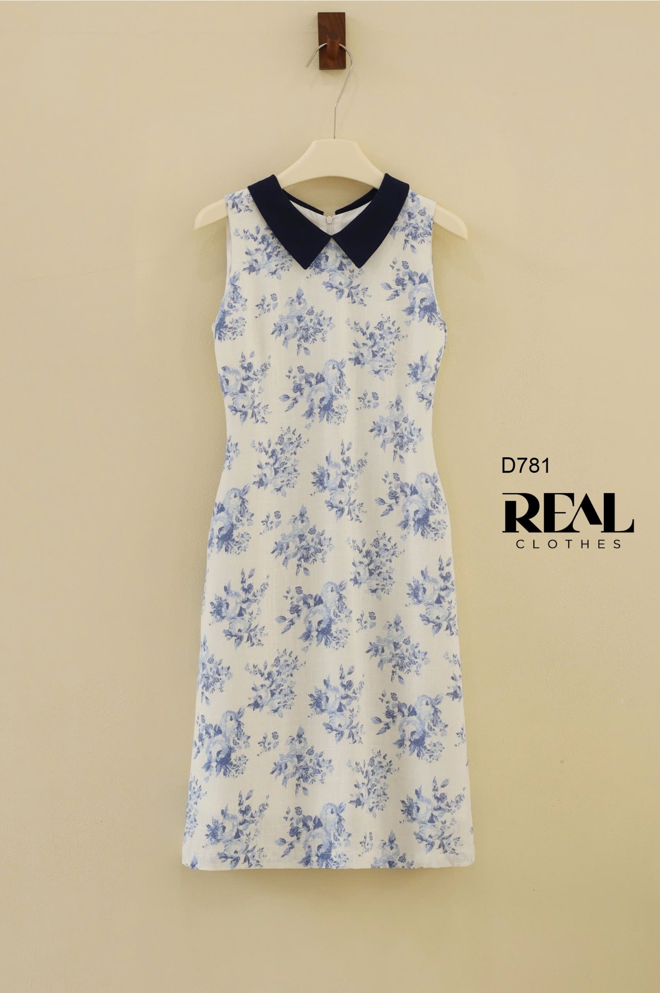 Đầm suông hoa xanh cổ lá sen SALE