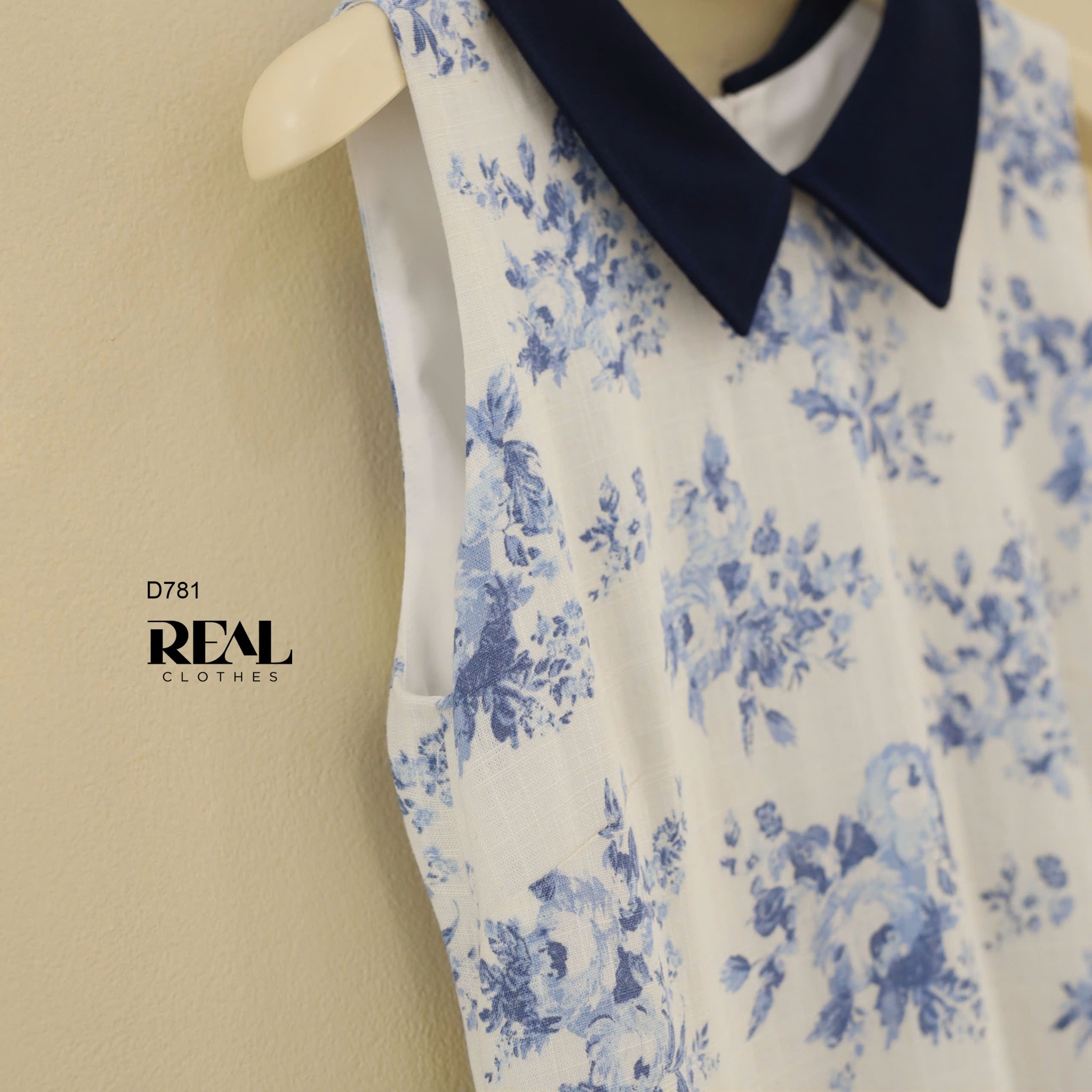 Đầm suông hoa xanh cổ lá sen SALE