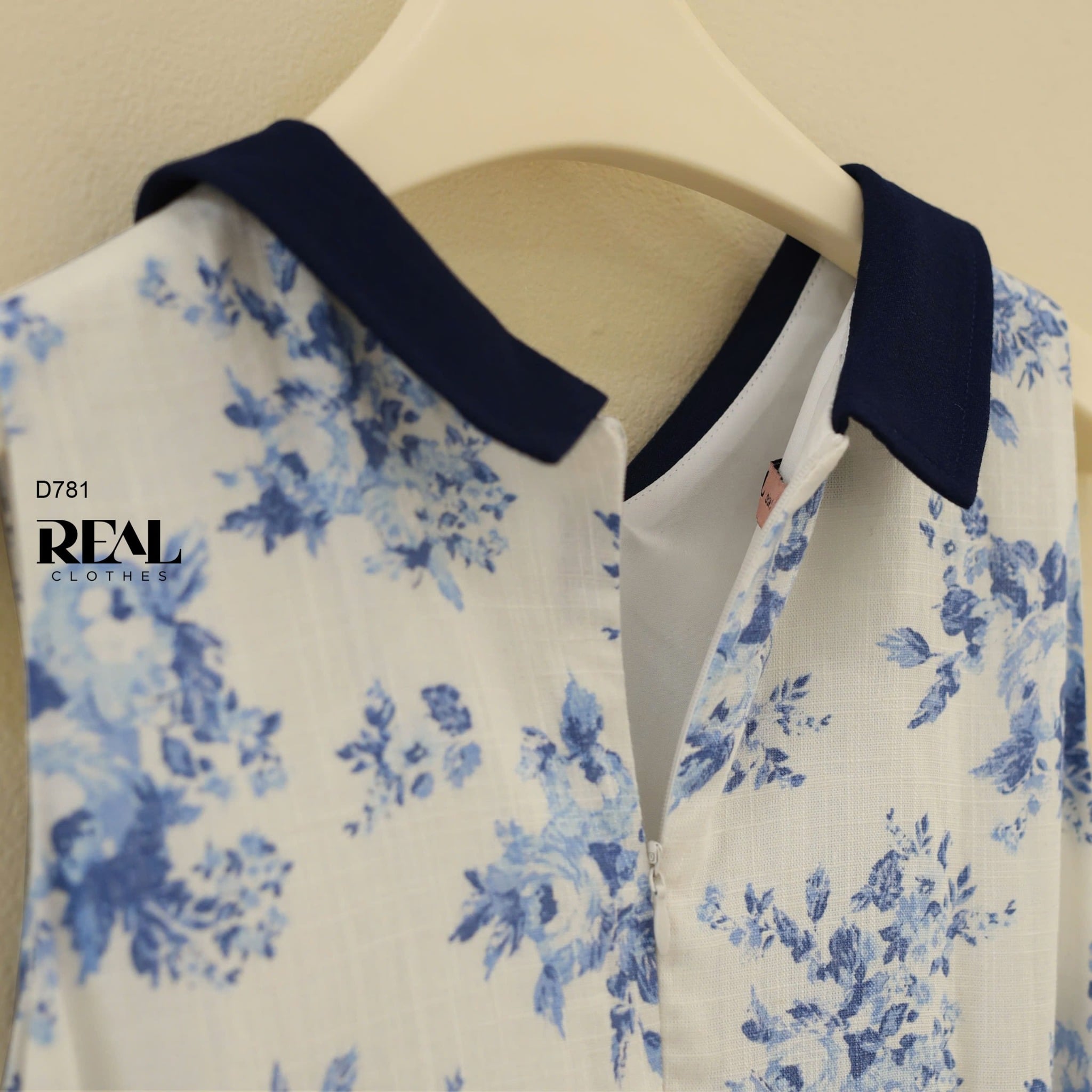 Đầm suông hoa xanh cổ lá sen SALE