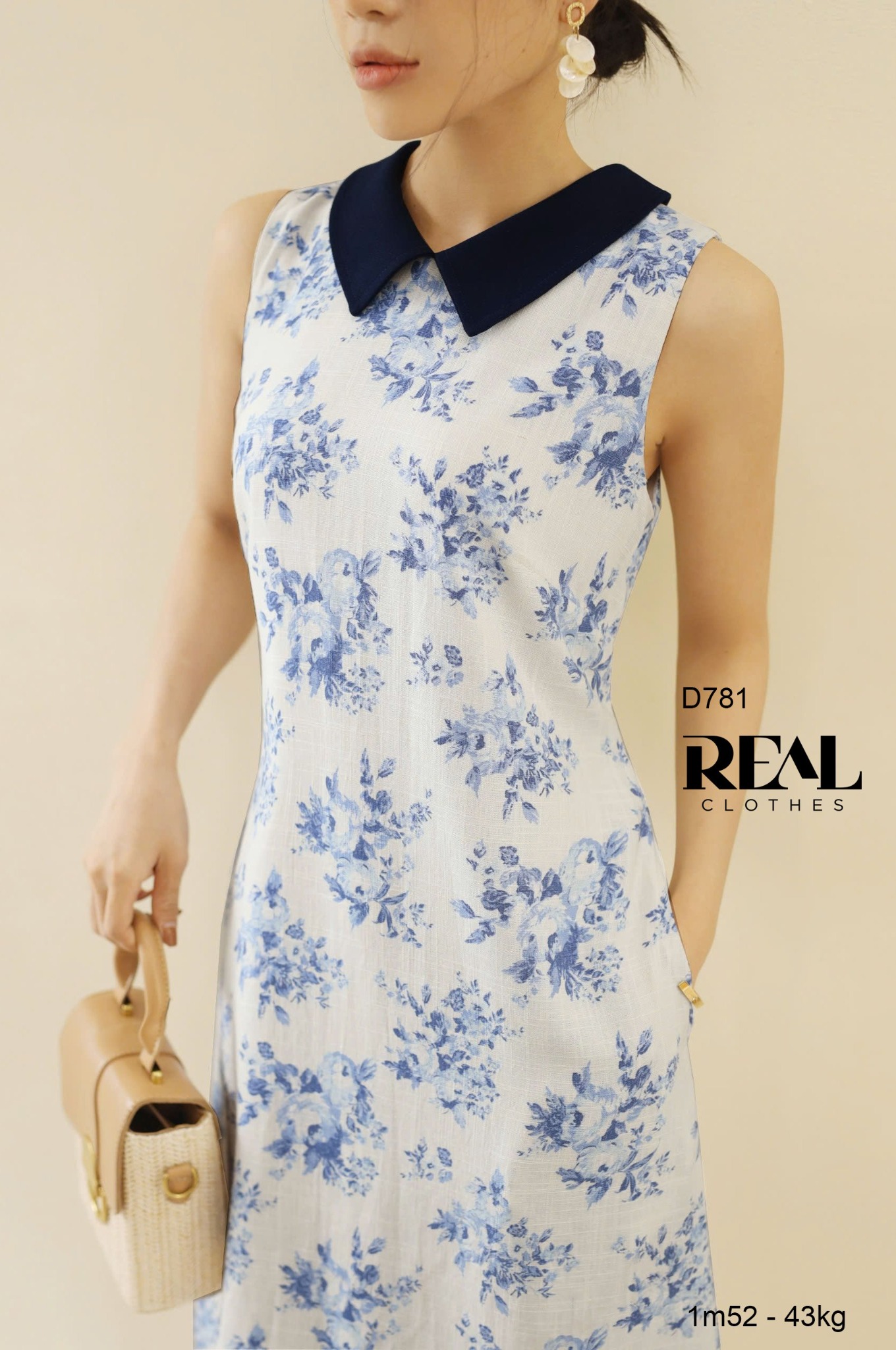 Đầm suông hoa xanh cổ lá sen SALE