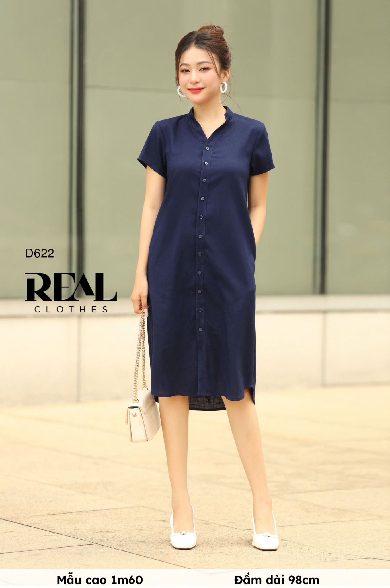 Đầm Sơ Mi Cổ Trụ Linen Navy