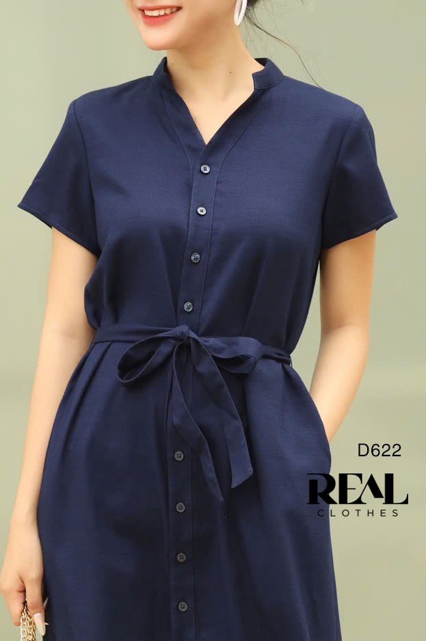 Đầm Sơ Mi Cổ Trụ Linen Navy