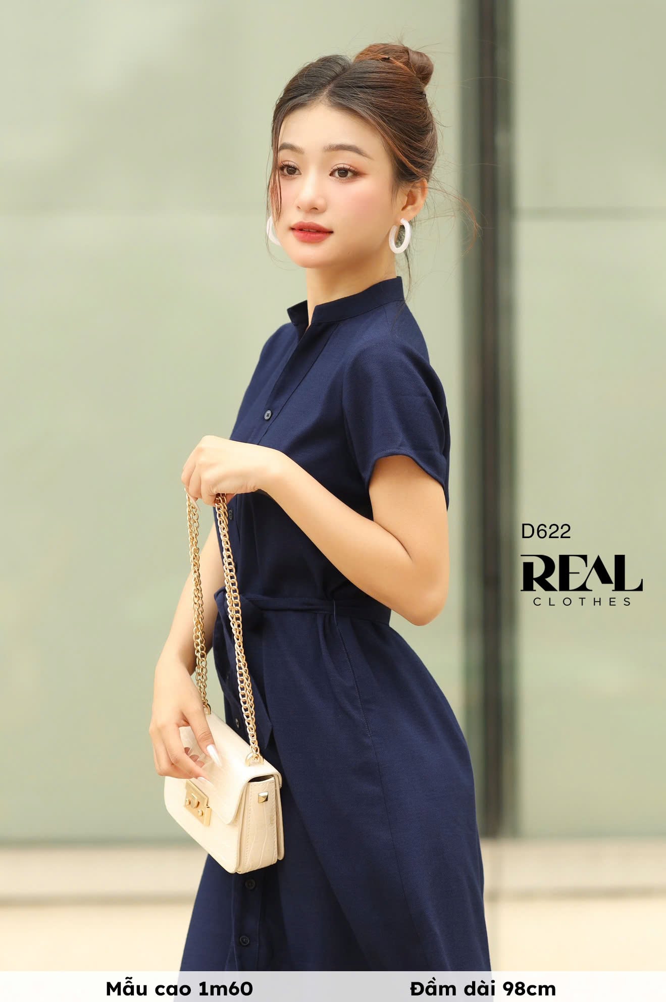 Đầm Sơ Mi Cổ Trụ Linen Navy