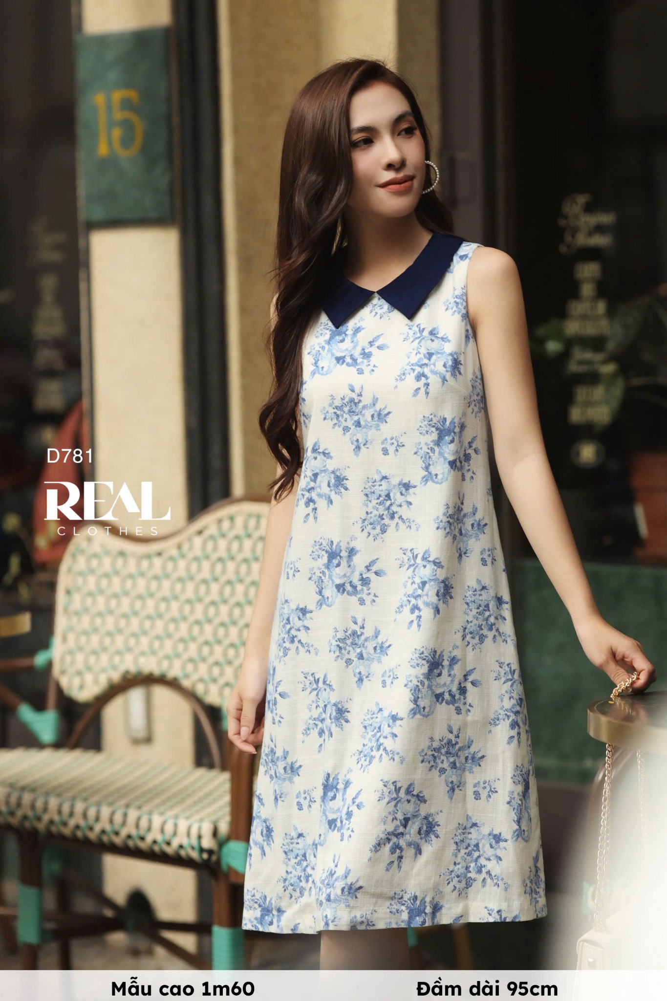 Đầm suông hoa xanh cổ lá sen SALE