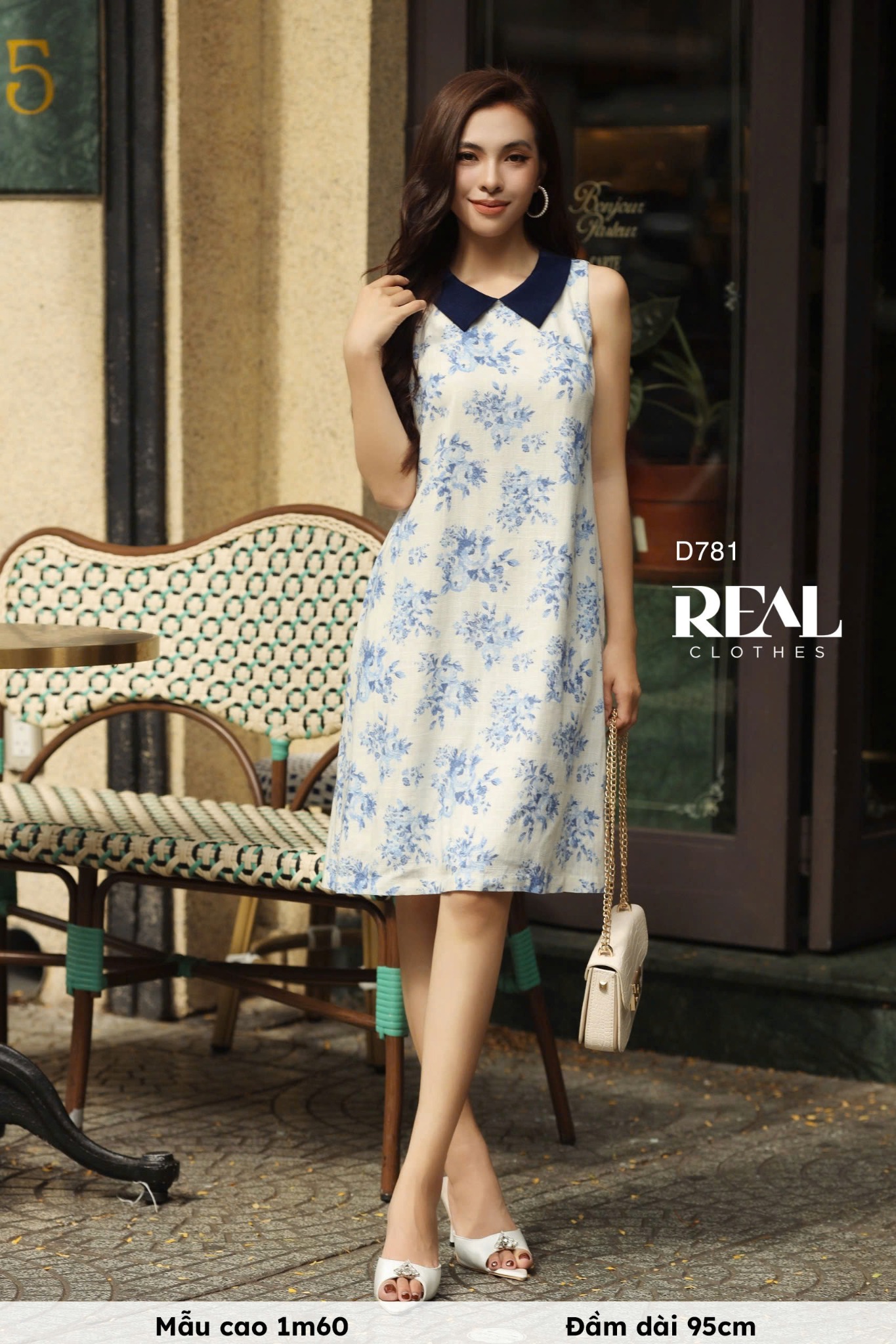 Đầm suông hoa xanh cổ lá sen SALE