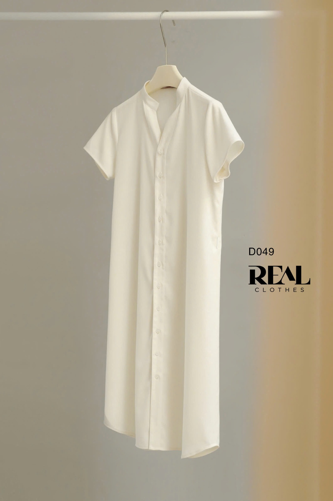 Đầm sơ mi cổ trụ linen trắng kem SALE - size S