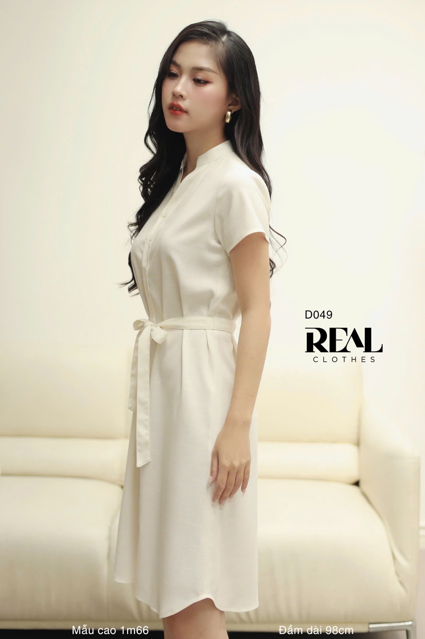 Đầm sơ mi cổ trụ linen trắng kem SALE - size S