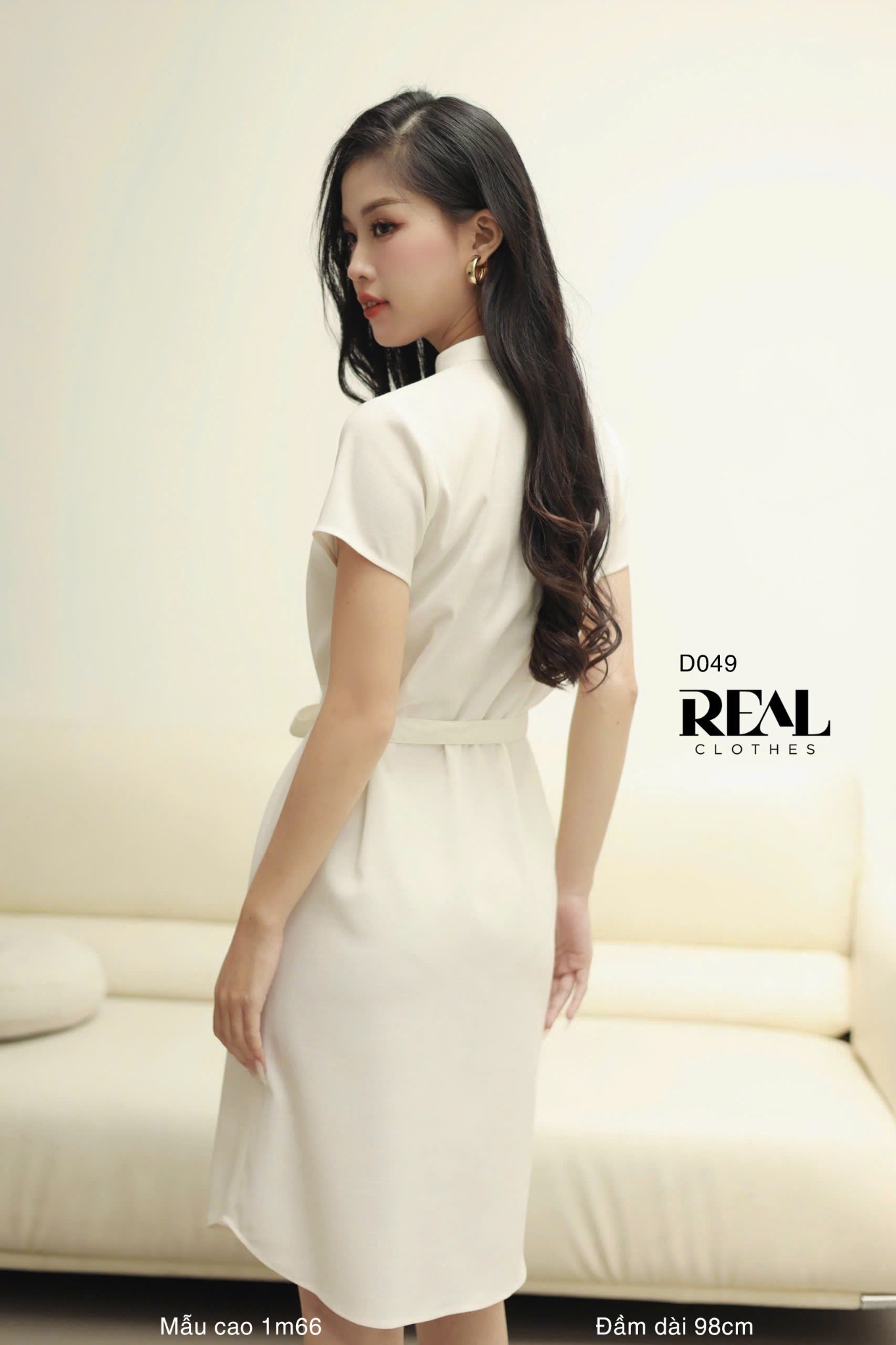 Đầm sơ mi cổ trụ linen trắng kem SALE - size S