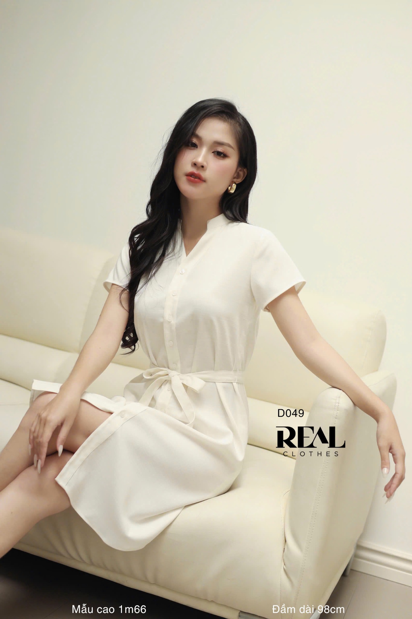 Đầm sơ mi cổ trụ linen trắng kem SALE - size S