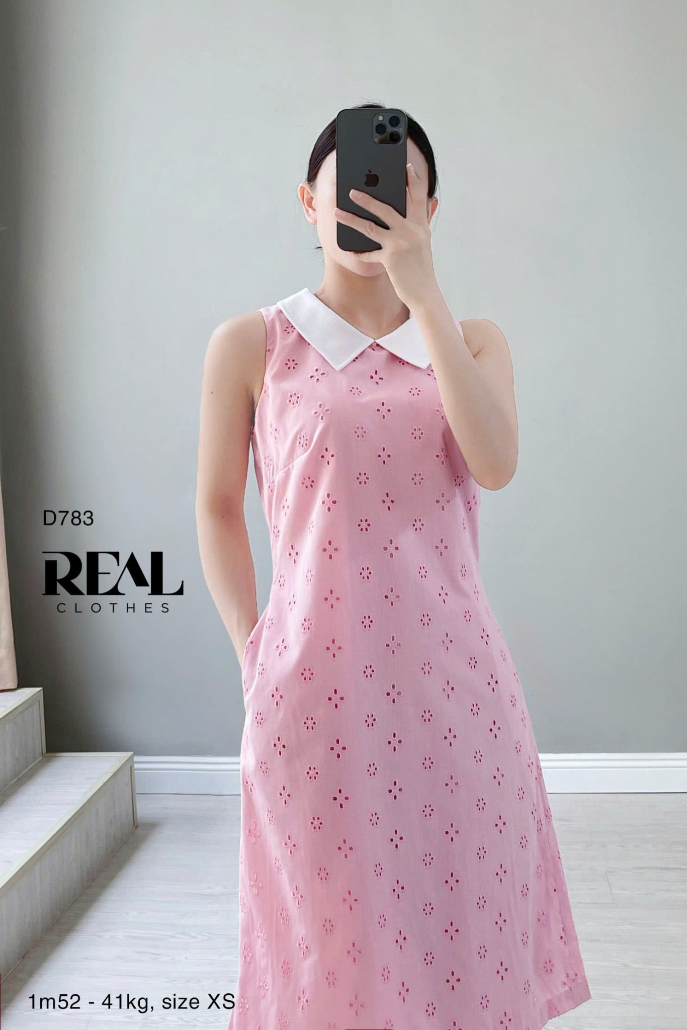 Đầm Suông Ren Thêu Cổ Lá Sen