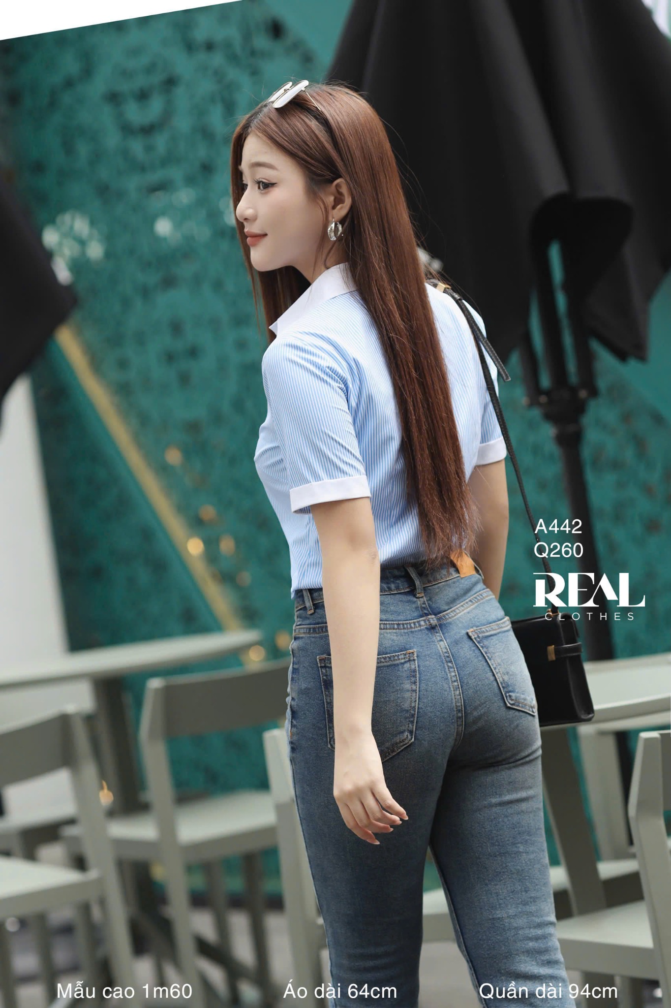 Sơ mi phối cổ sọc xanh tay đủ SALE - size S