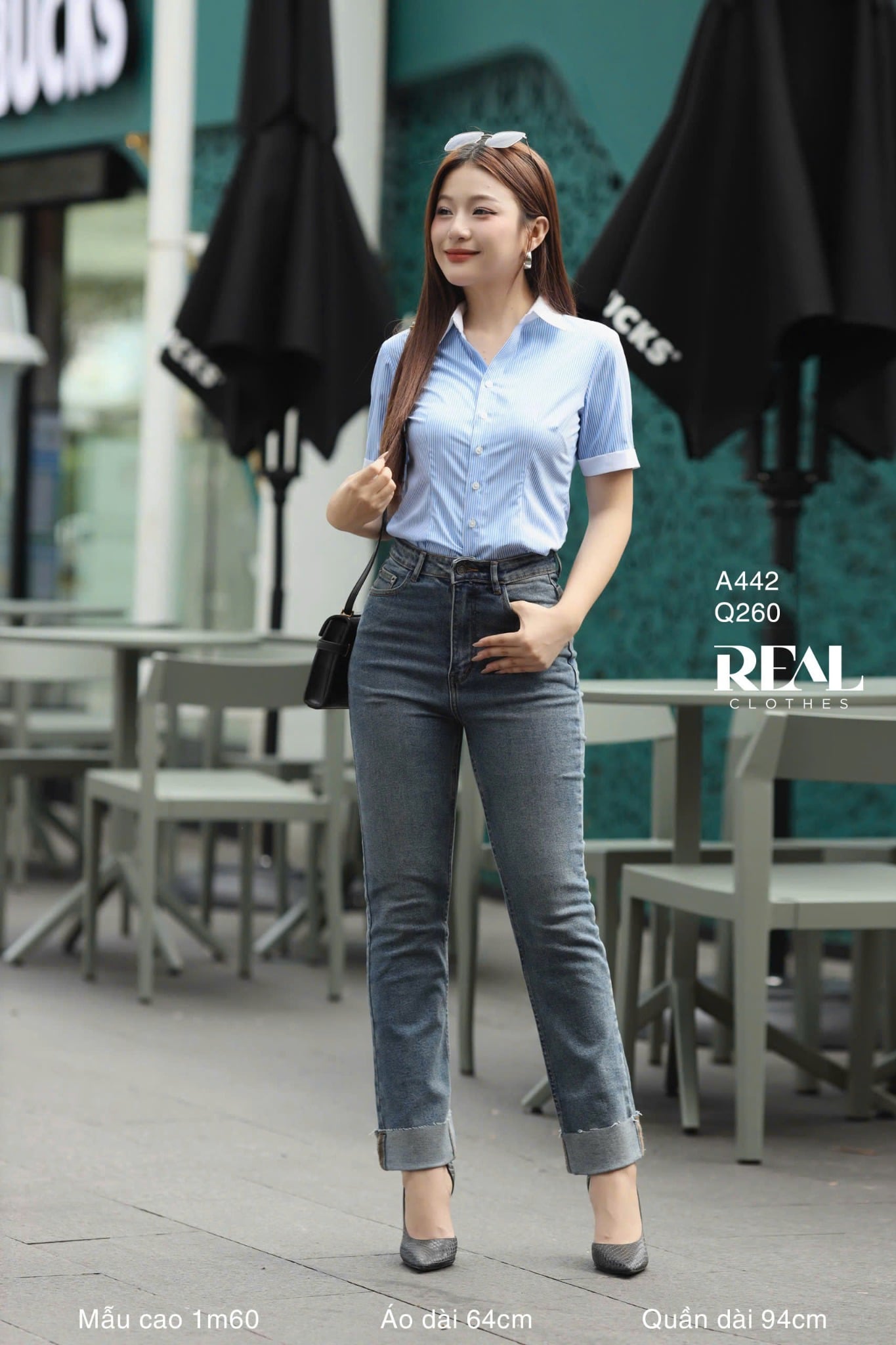 Sơ mi phối cổ sọc xanh tay đủ SALE - size S