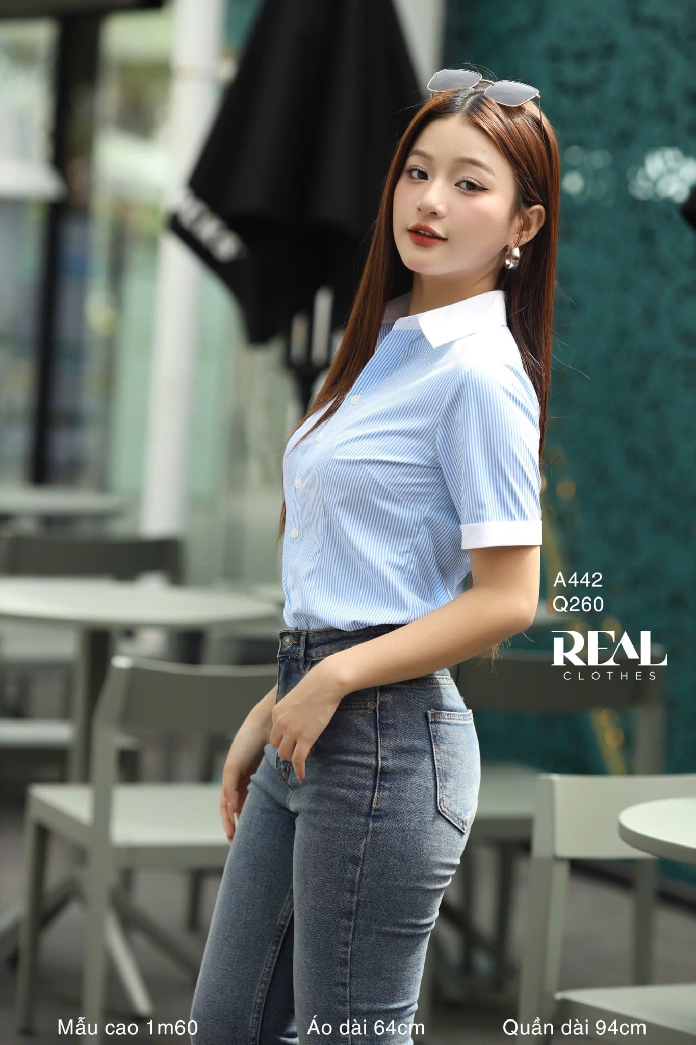 Sơ mi phối cổ sọc xanh tay đủ SALE - size S