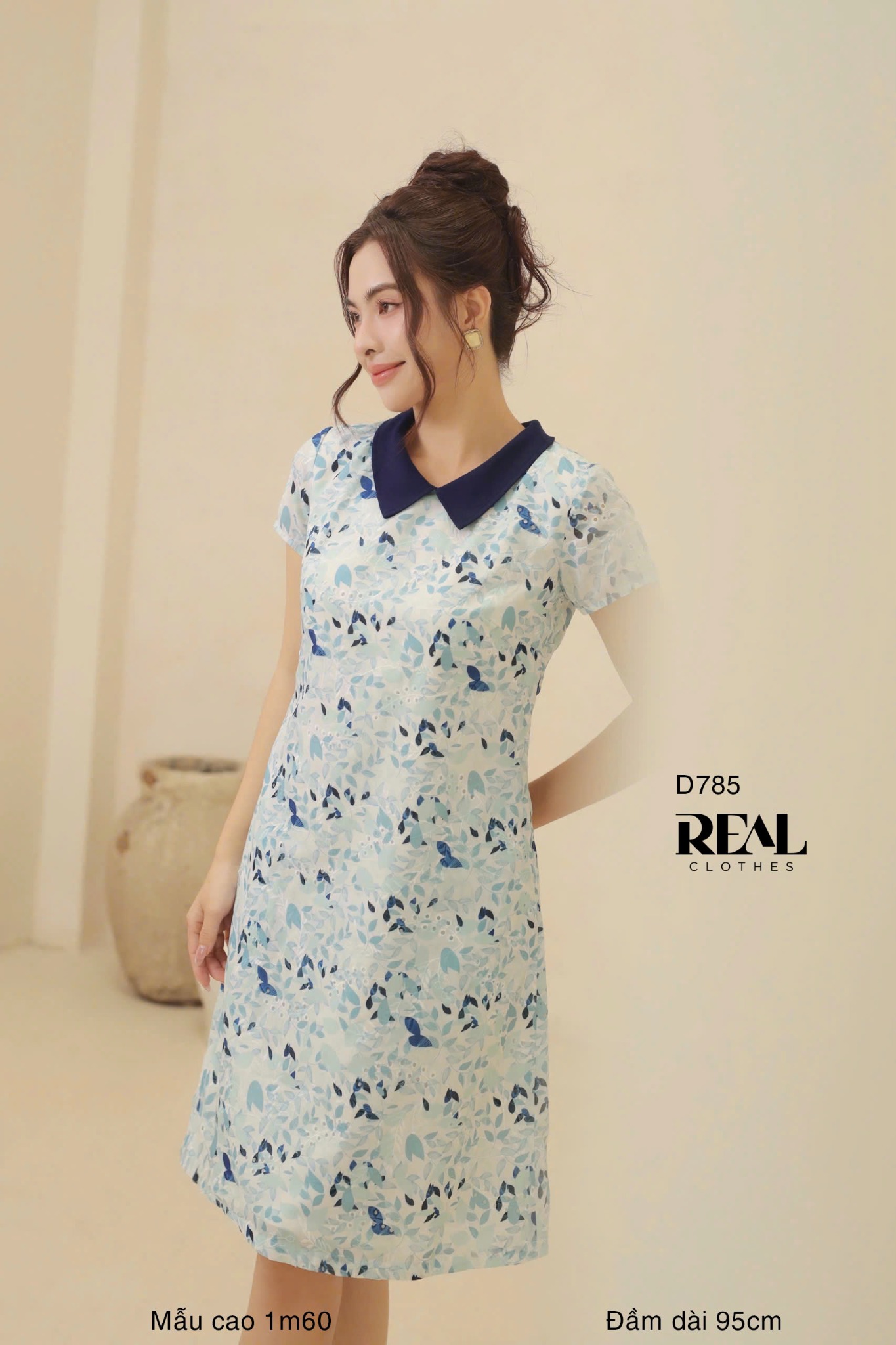 Đầm suông tay đủ cổ lá sen blue SALE