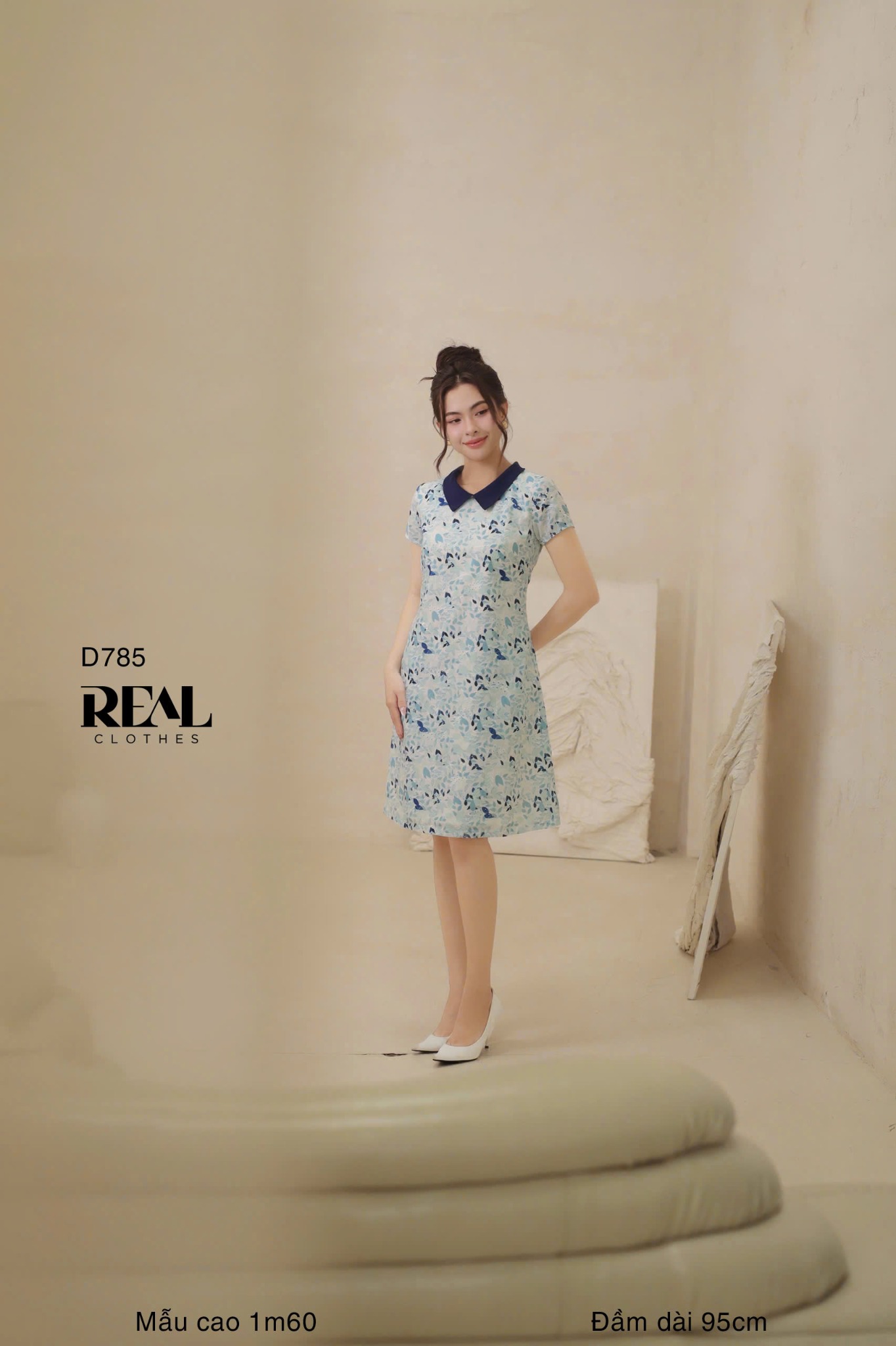 Đầm suông tay đủ cổ lá sen blue SALE