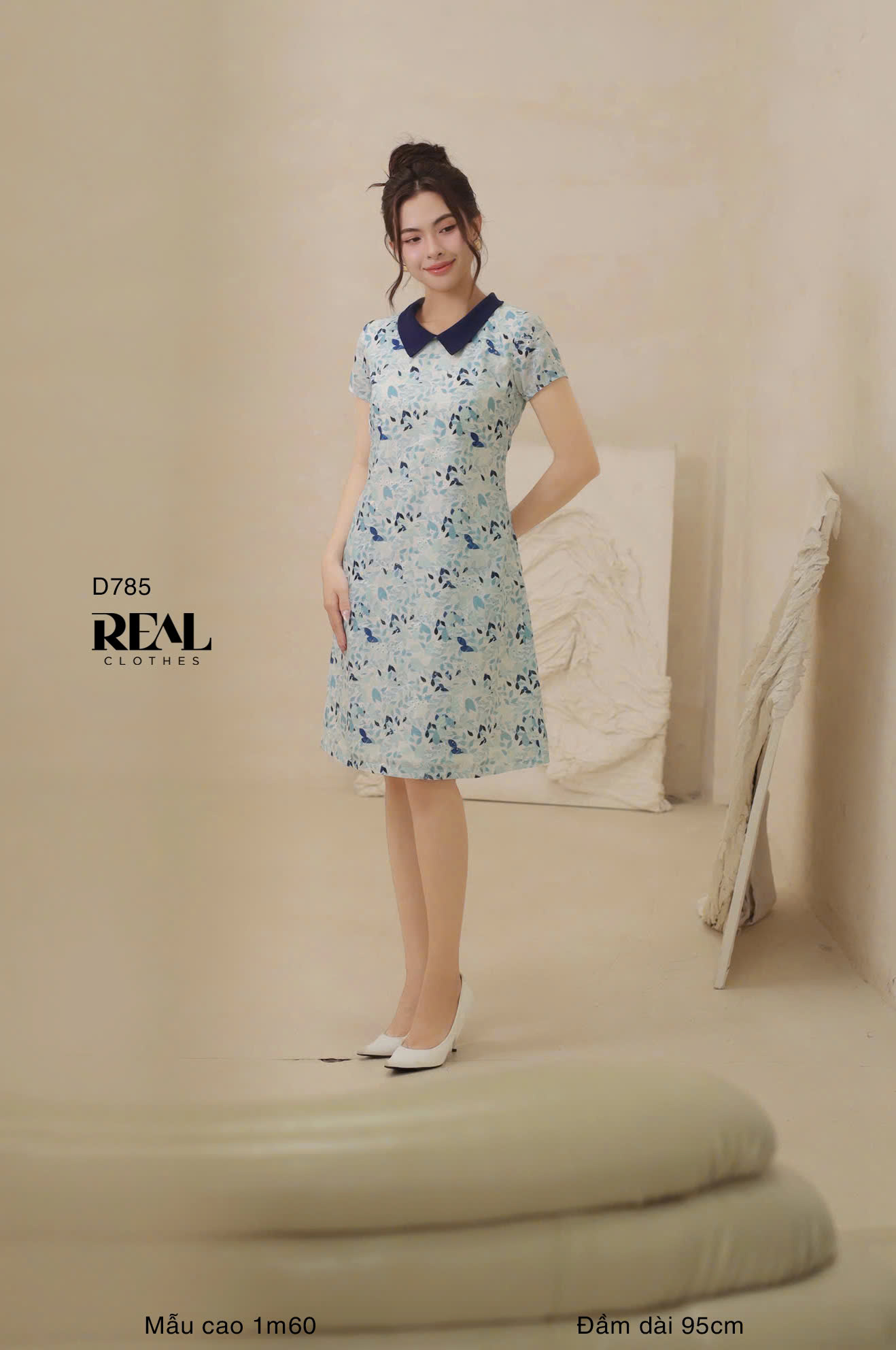 Đầm suông tay đủ cổ lá sen blue SALE