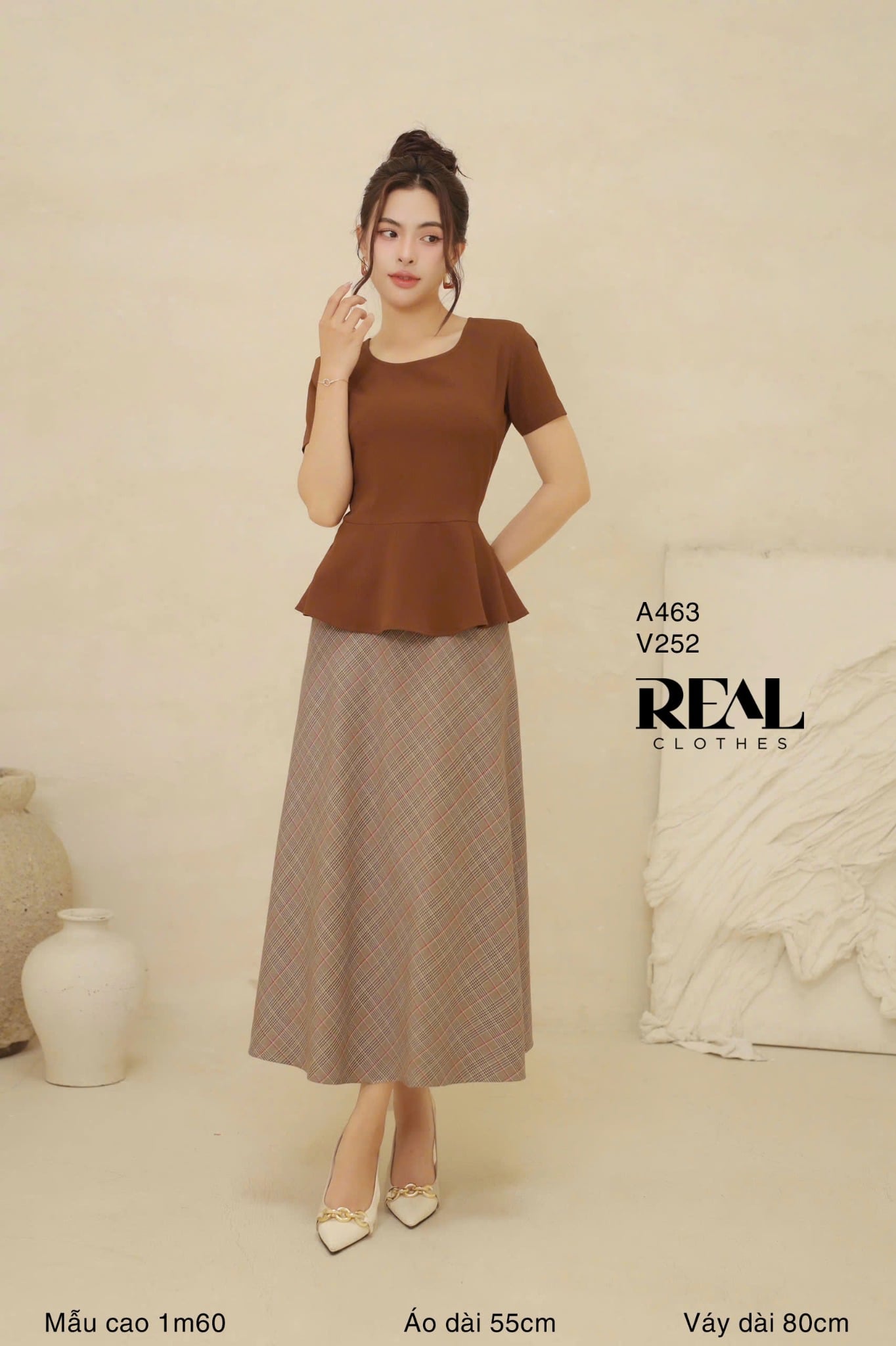 Áo peplum tay đủ nâu SALE