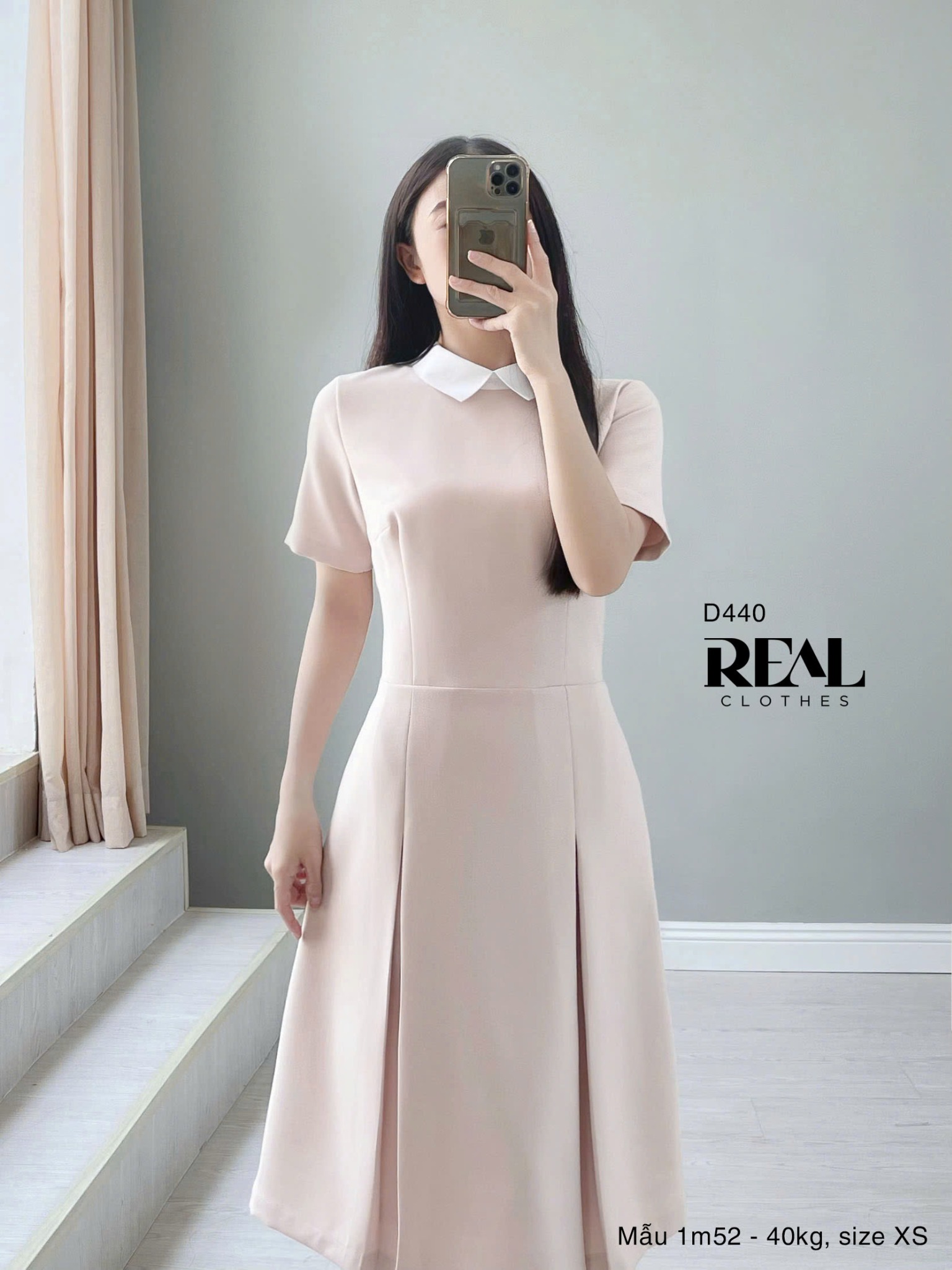 Đầm 2 xếp cổ sơ mi hồng