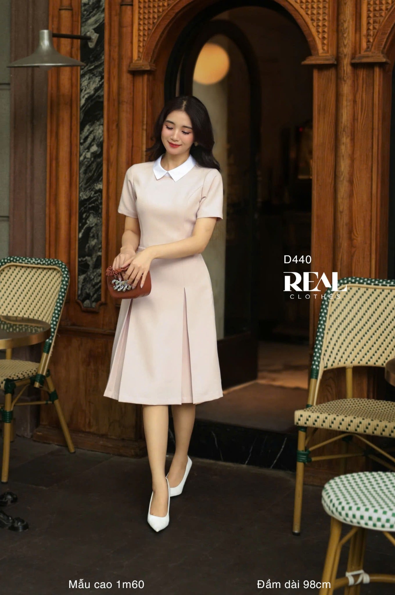 Đầm 2 xếp cổ sơ mi hồng