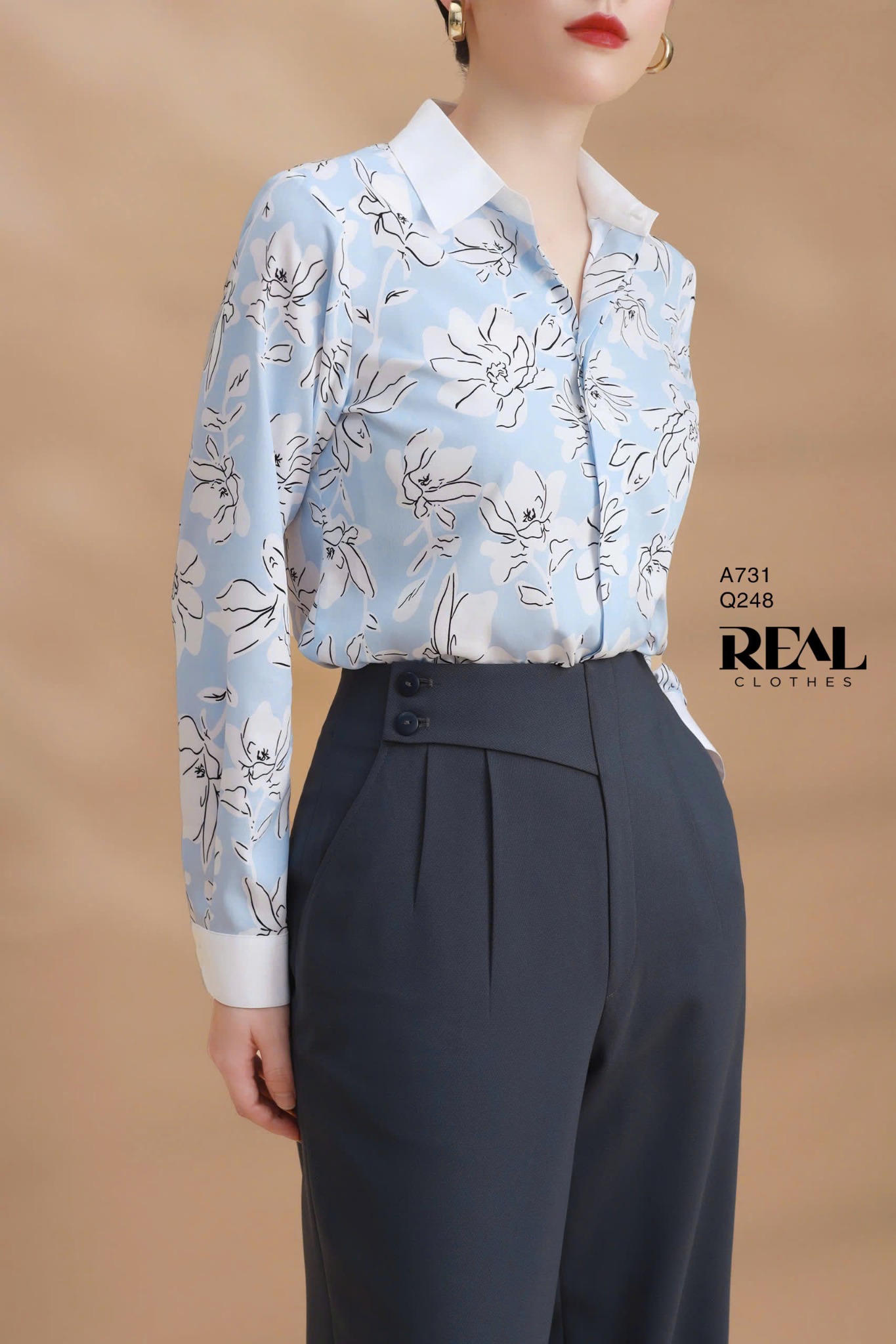 Sơ mi phối cổ hoa blue SALE