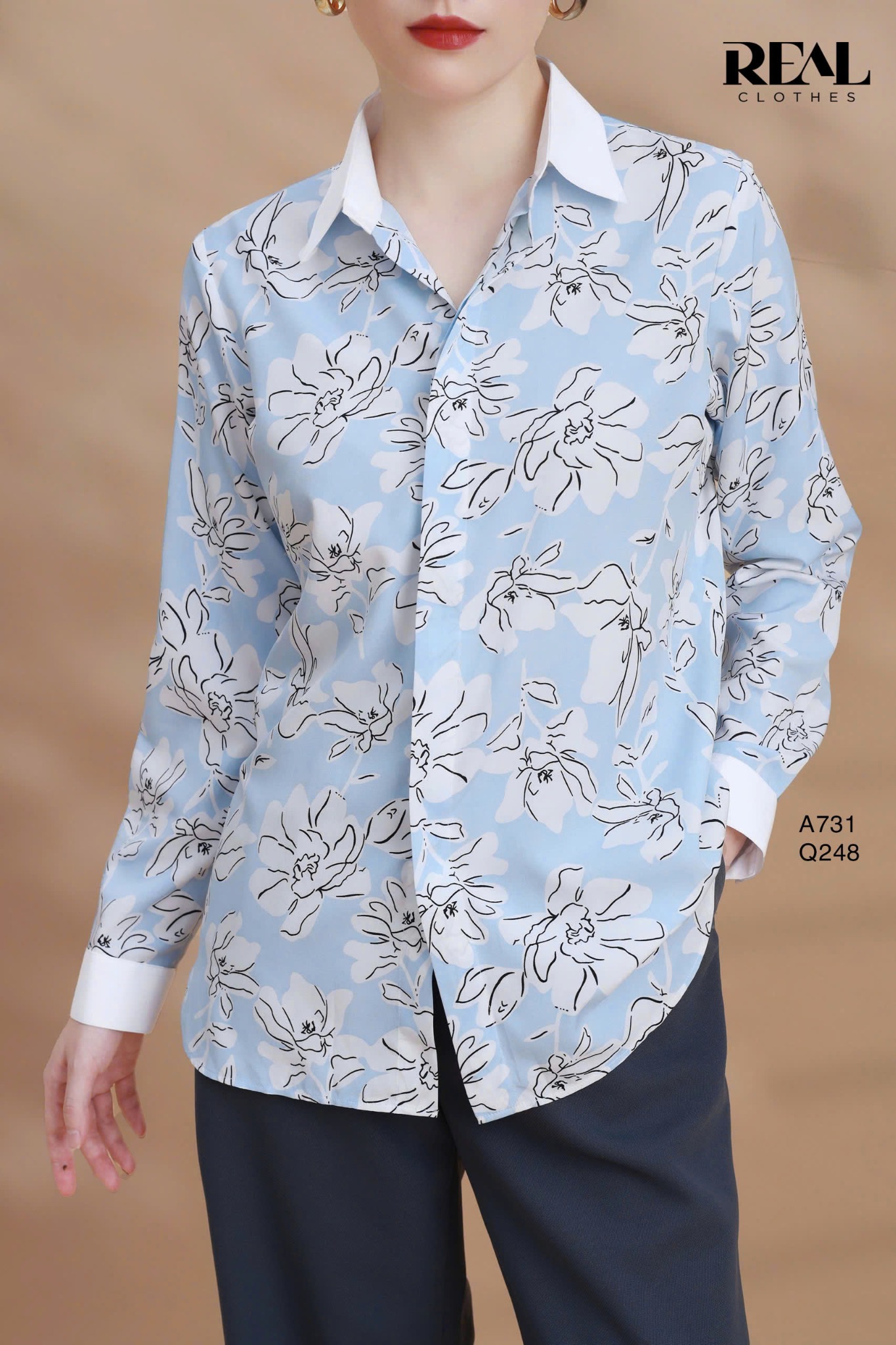 Sơ mi phối cổ hoa blue SALE