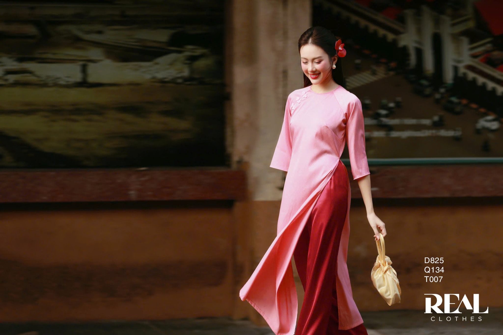 Áo dài cách tân nút hoa hồng cam SALE