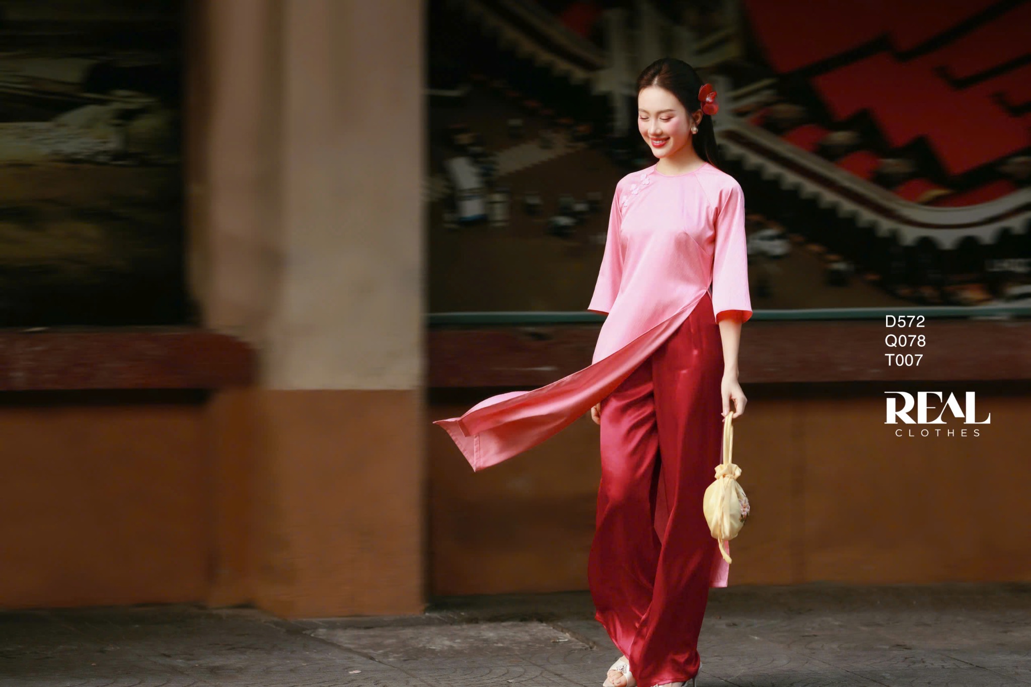 Áo dài cách tân nút hoa hồng cam SALE