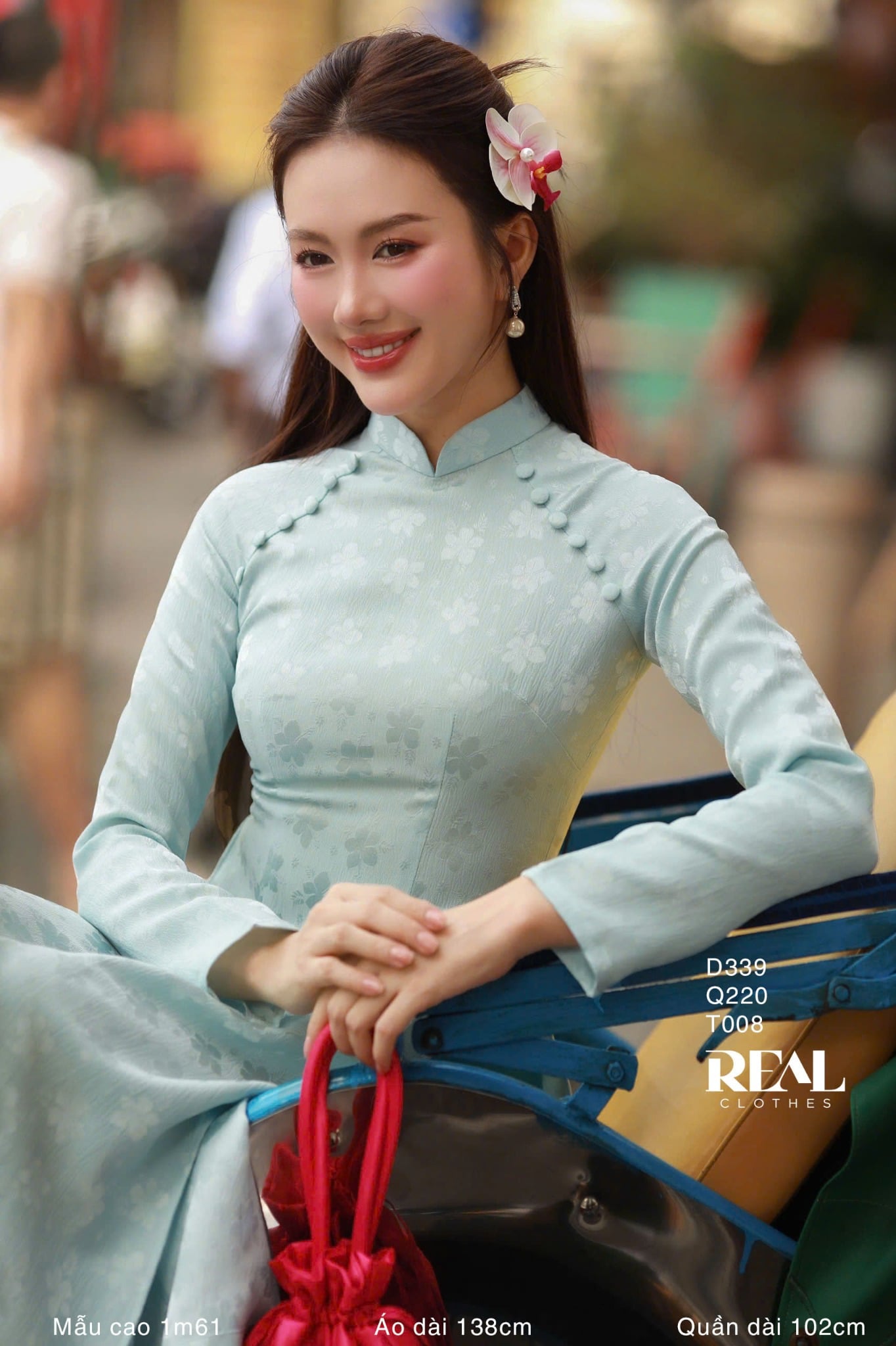 Áo dài truyền thống Nhã An lụa lam tay dài