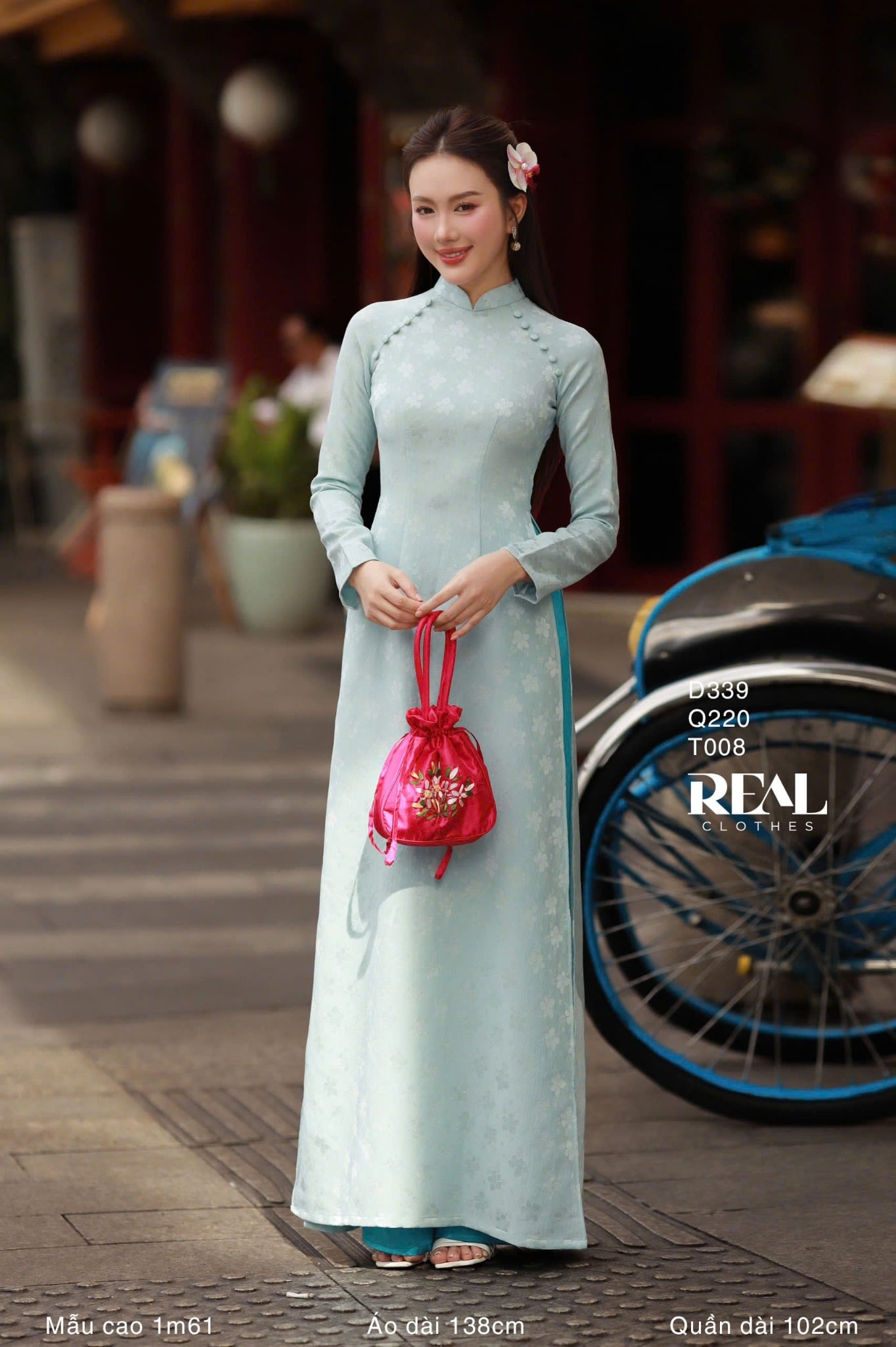 Áo dài truyền thống Nhã An lụa lam tay dài