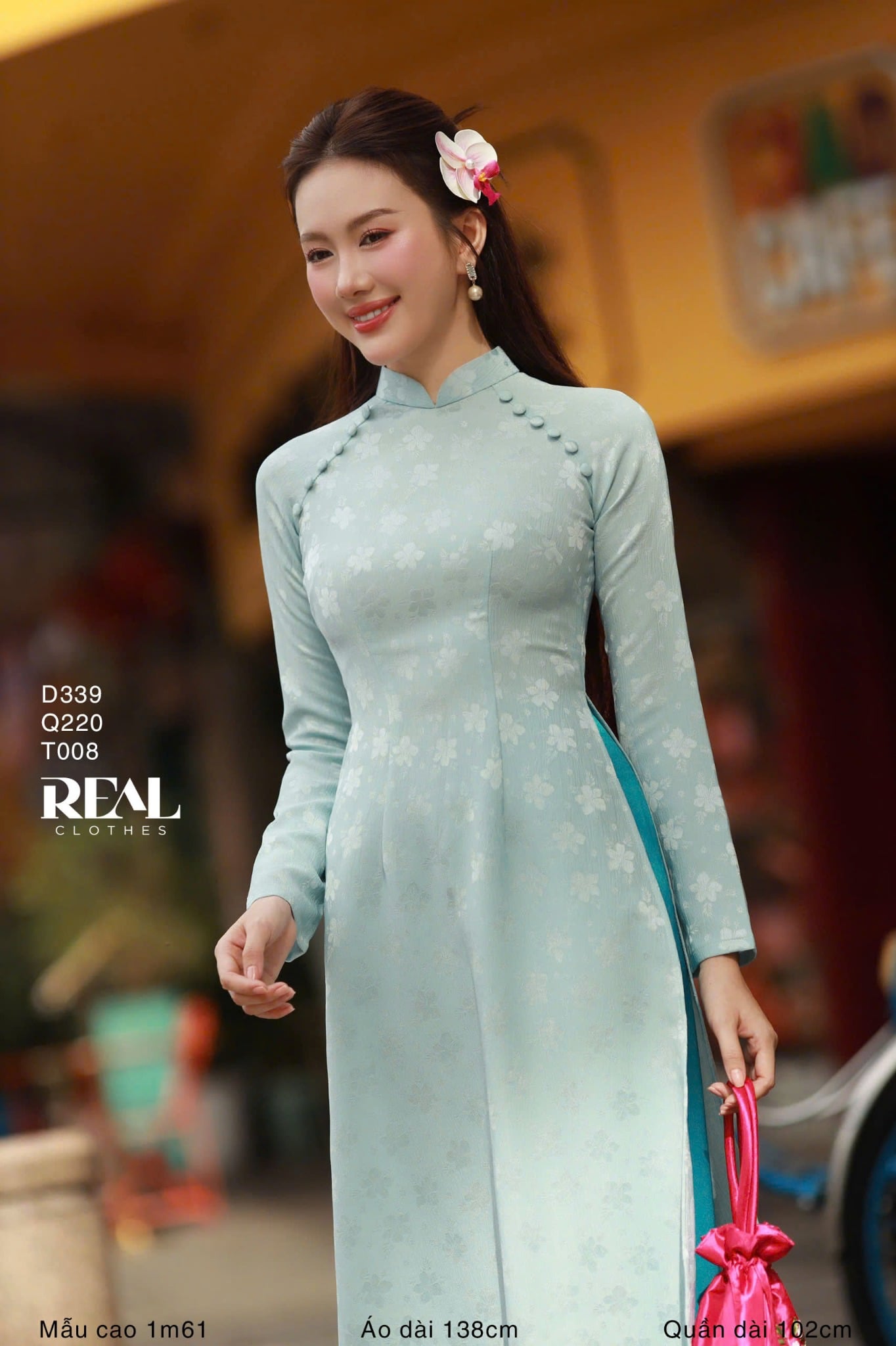 Áo dài truyền thống Nhã An lụa lam tay dài