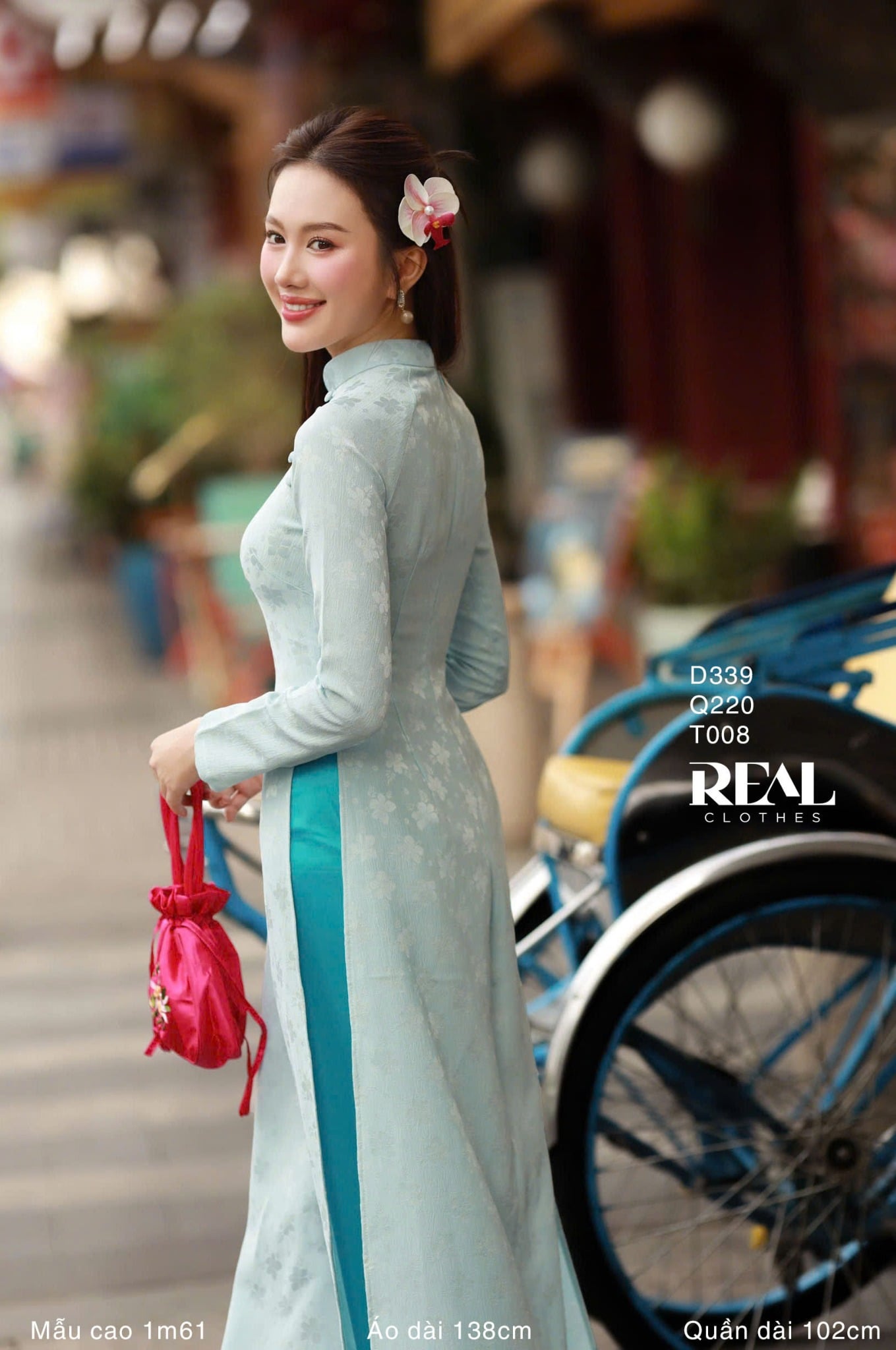 Áo dài truyền thống Nhã An lụa lam tay dài