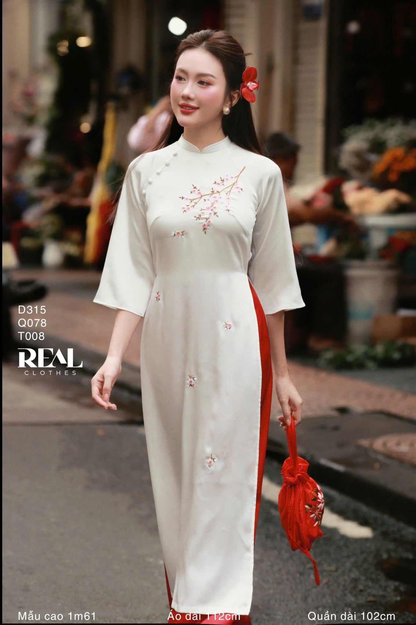 Áo dài cách tân Vivi trắng hoa mận