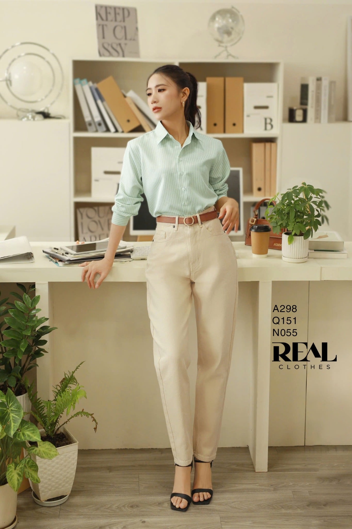 Sơ mi form rộng sọc mint