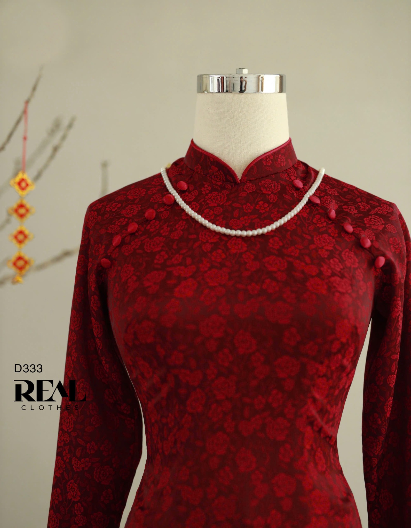 Áo dài truyền thống nhã an đỏ đô tay dài