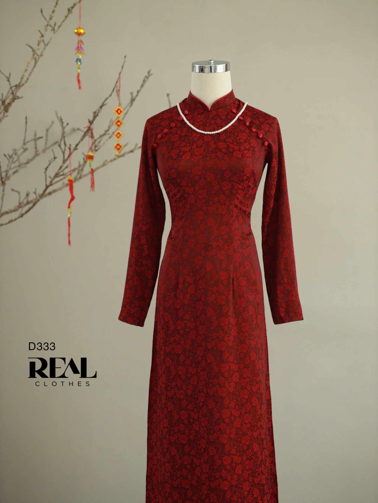 Áo dài truyền thống nhã an đỏ đô tay dài