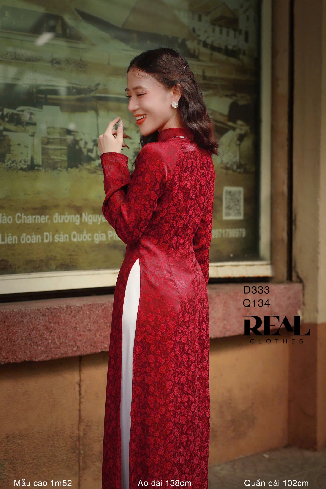 Áo dài truyền thống nhã an đỏ đô tay dài