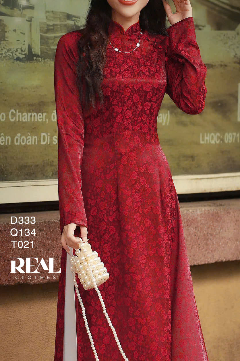 Áo dài truyền thống nhã an đỏ đô tay dài