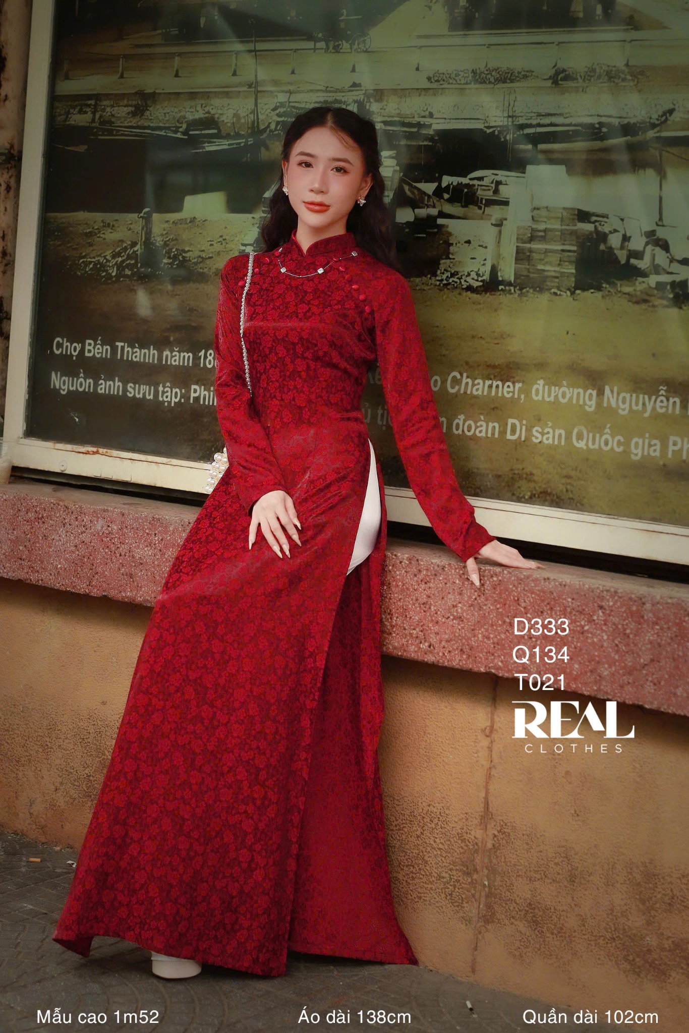 Áo dài truyền thống nhã an đỏ đô tay dài